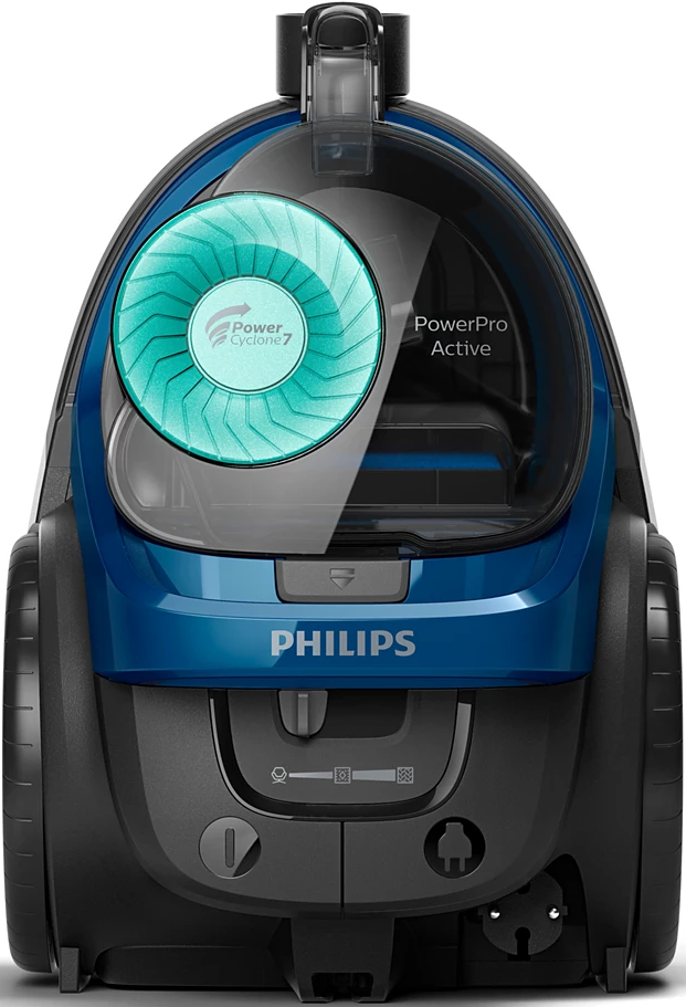 Blauer und schwarzer Philips Staubsauger, PowerPro Active, mit türkisem Zyklon.