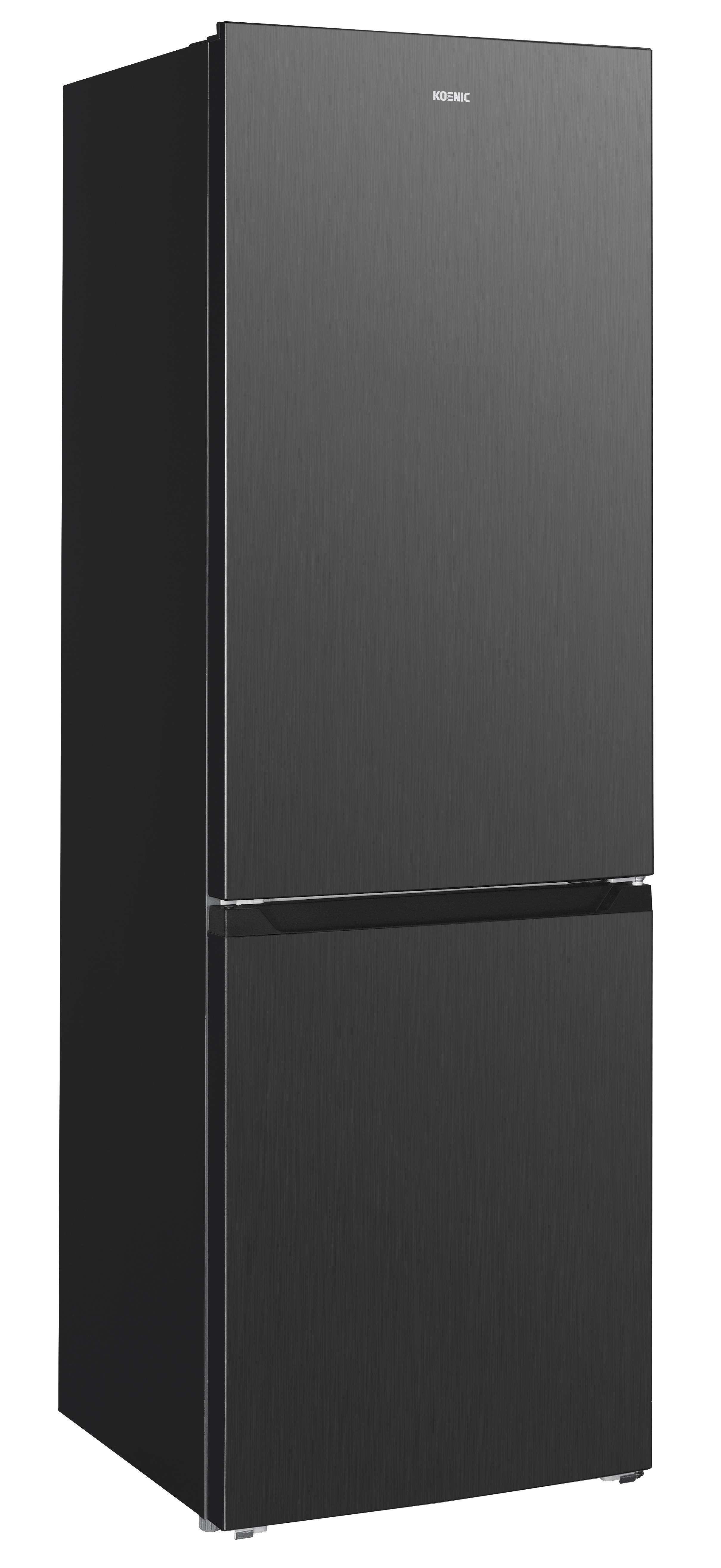 Schwarzer Kühlschrank mit zwei Türen. Silberner Griff und Markenname oben.