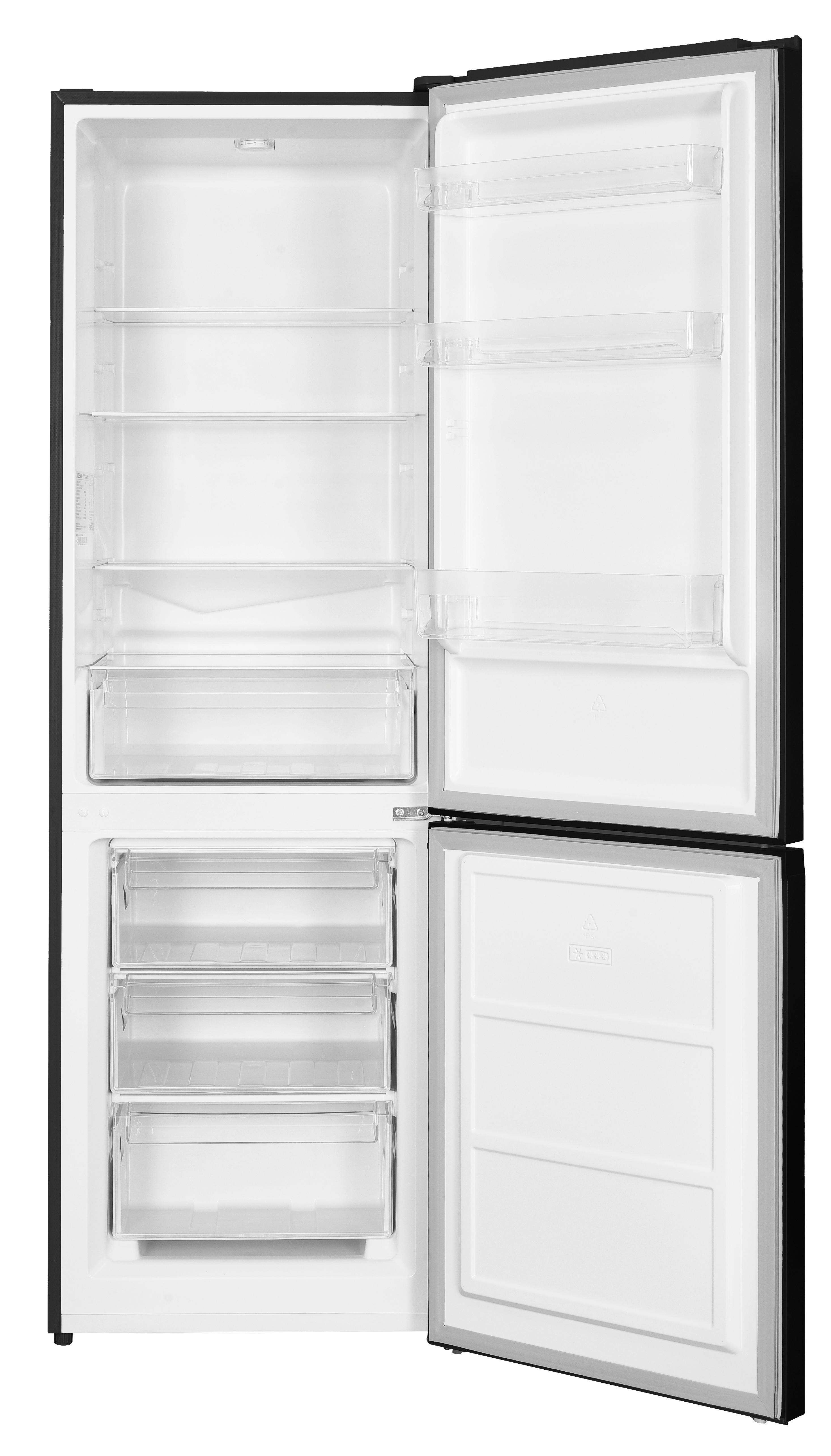 Schwarzer Kühlschrank mit offenen Türen. Innenraum zeigt Regale, Schubladen und weißes Innere.