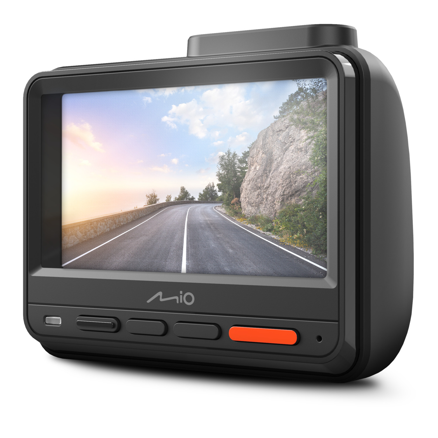 Écran de la dashcam montrant une route avec des arbres et une montagne en arrière-plan.