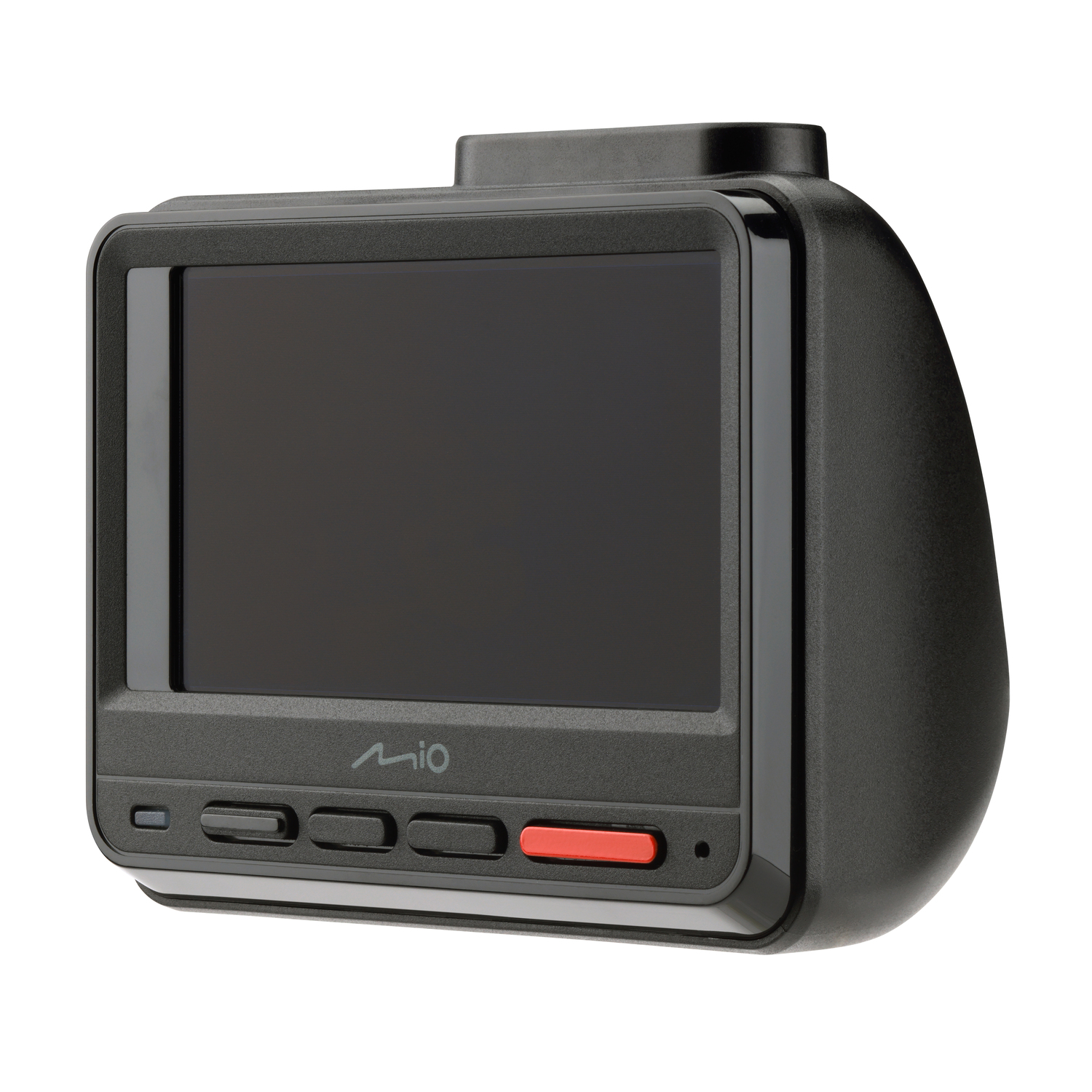 Dashcam Mio noire avec écran et boutons, isolée sur fond blanc.