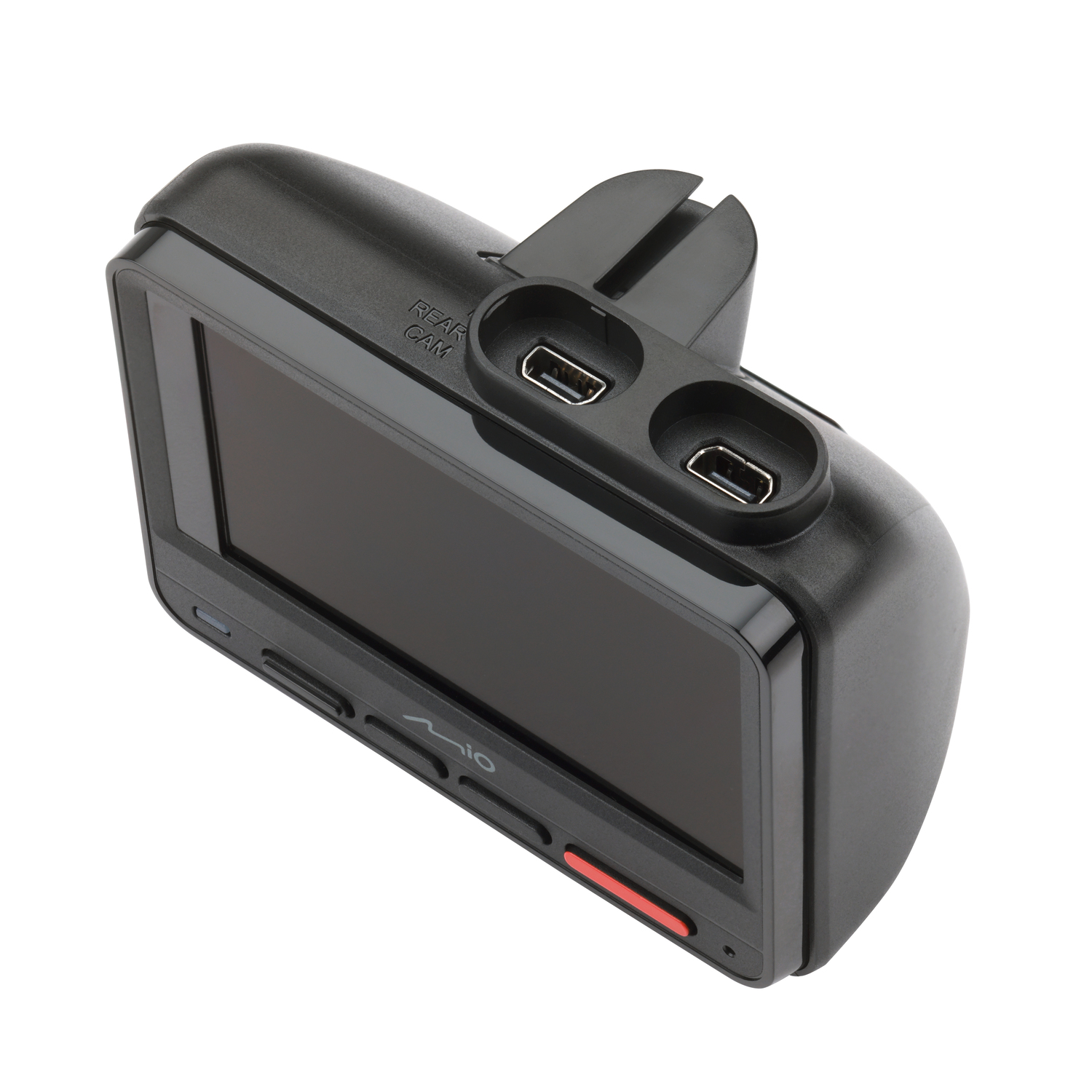 Caméra de tableau de bord de voiture en noir, avec écran et deux ports USB.
