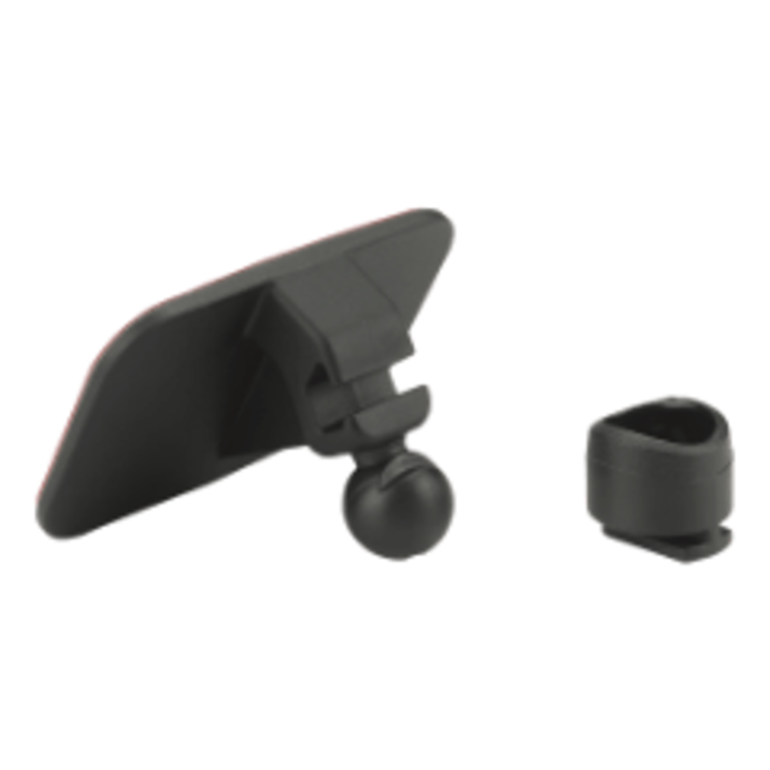 Un support de rétroviseur de voiture noir avec une rotule et un petit clip.