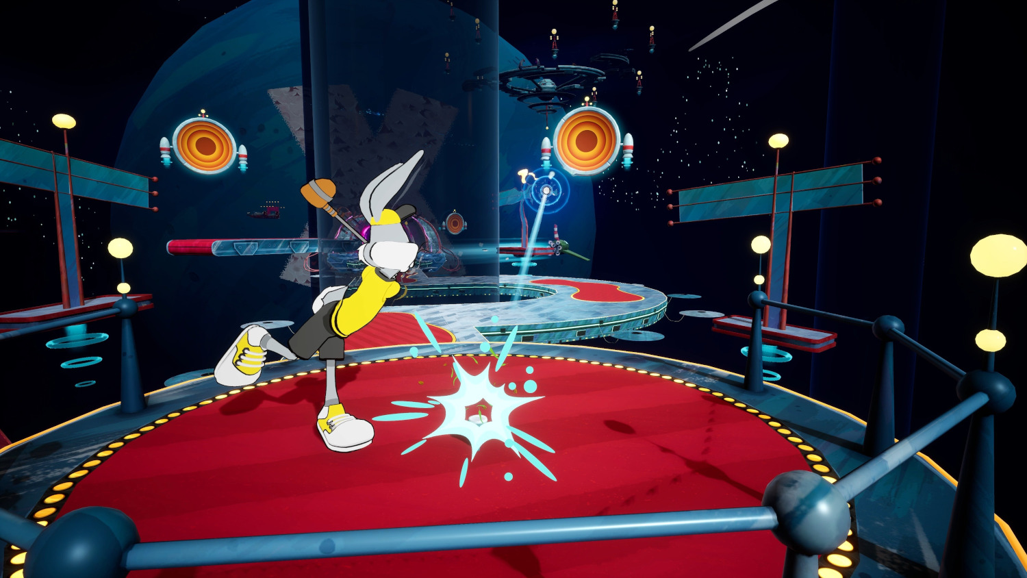 Bugs Bunny dans un cadre spatial, donnant un coup de pied et créant une explosion bleue.