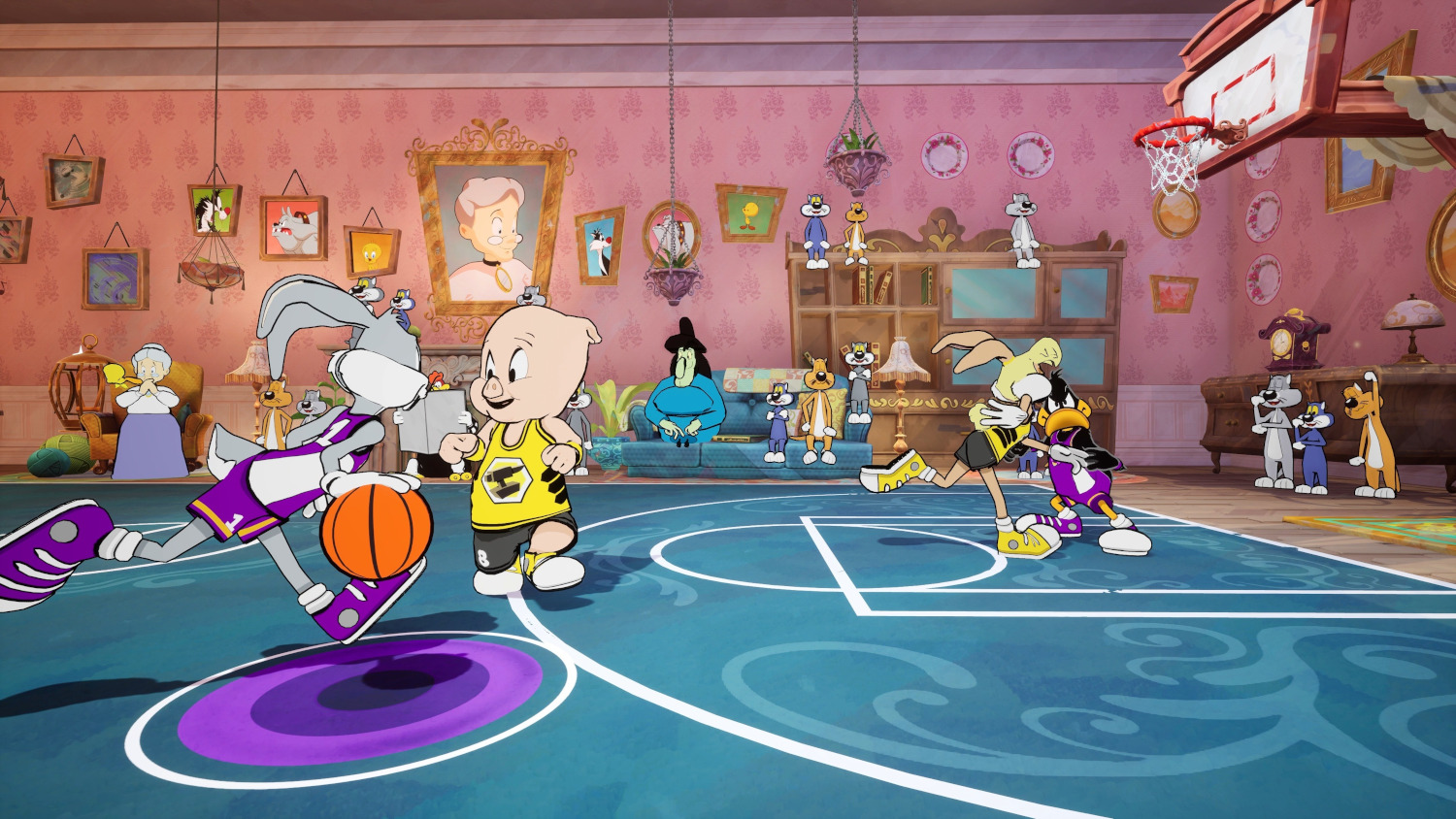 Personnages de Looney Tunes jouant au basket-ball.