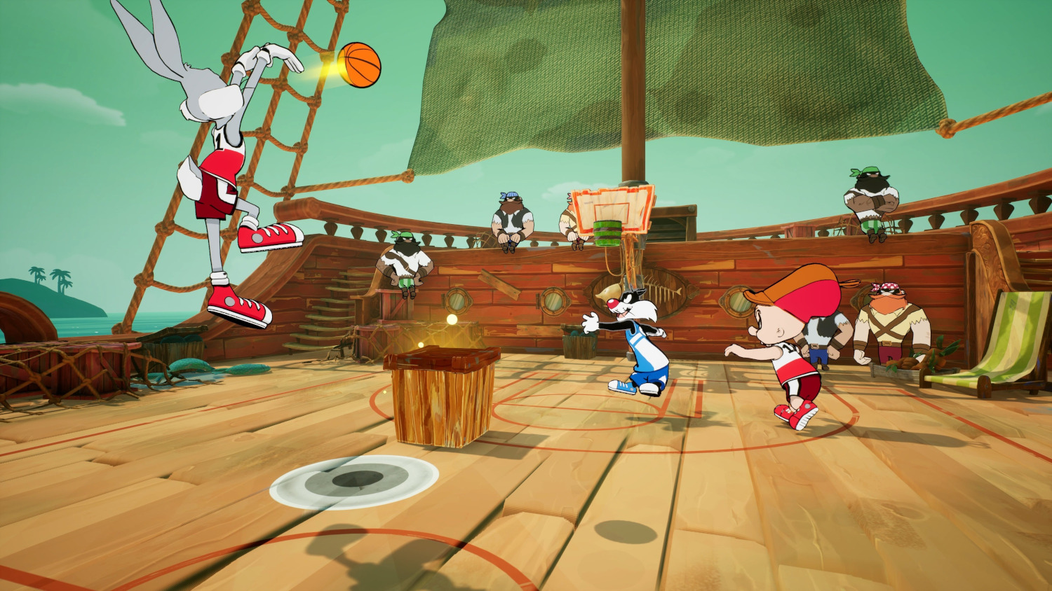 Personnages de Looney Tunes jouant au basket sur un navire.