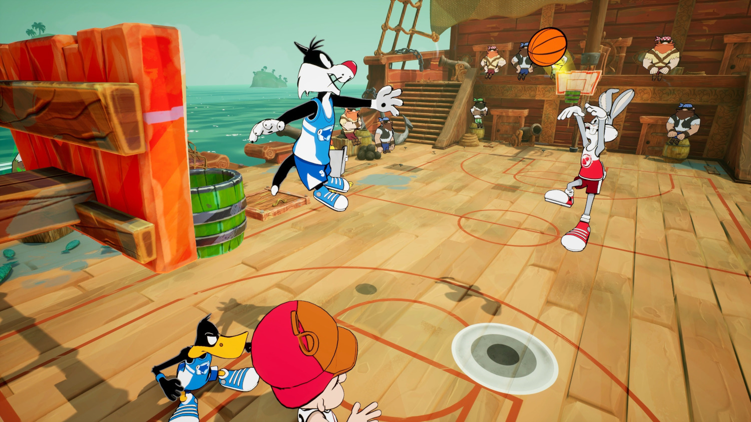 Des personnages de dessins animés jouant au basket-ball sur un pont.