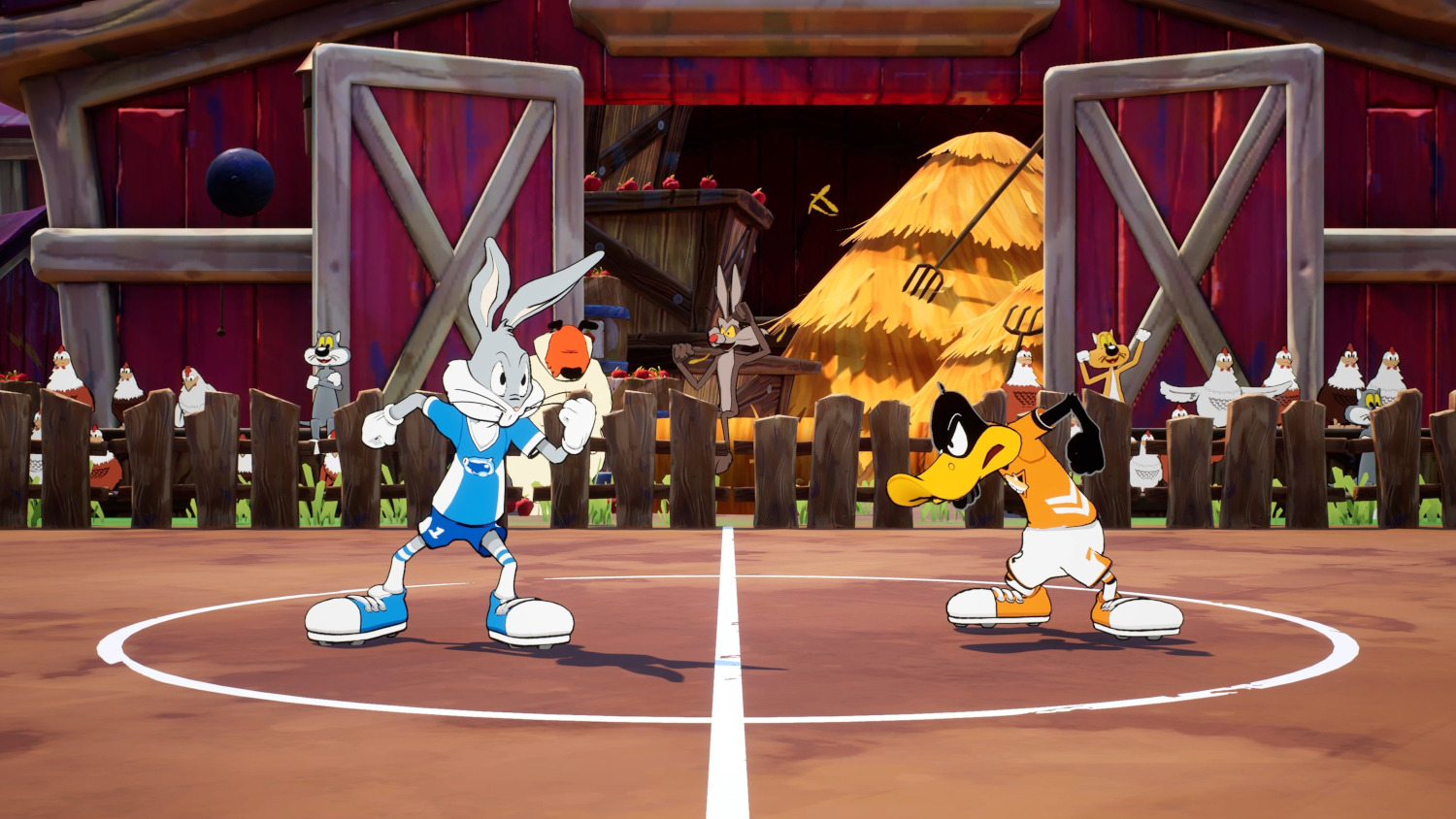 Bugs Bunny et Daffy Duck jouant au basket dans une grange.