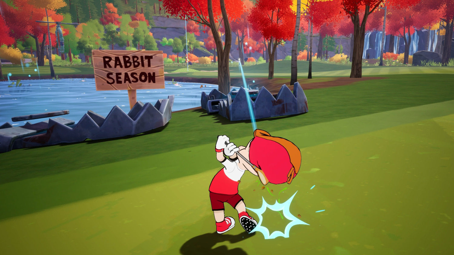 Personnage de dessin animé balançant un club de golf. Panneau 'SAISON DES LAPINS'. Champ vert.