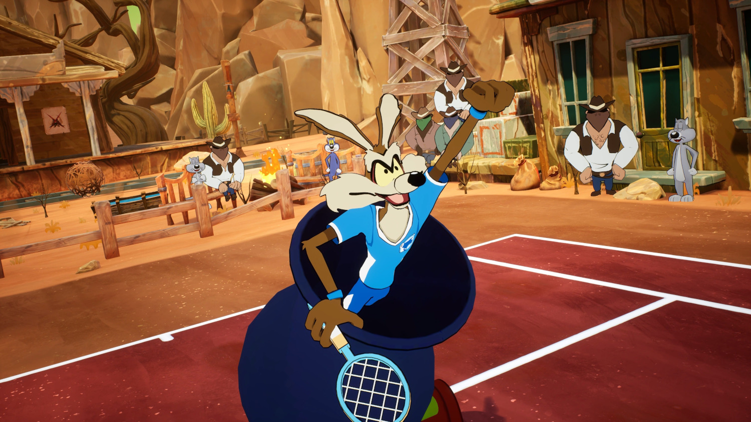 Wile E. Coyote jouant au tennis, scène de dessin animé.