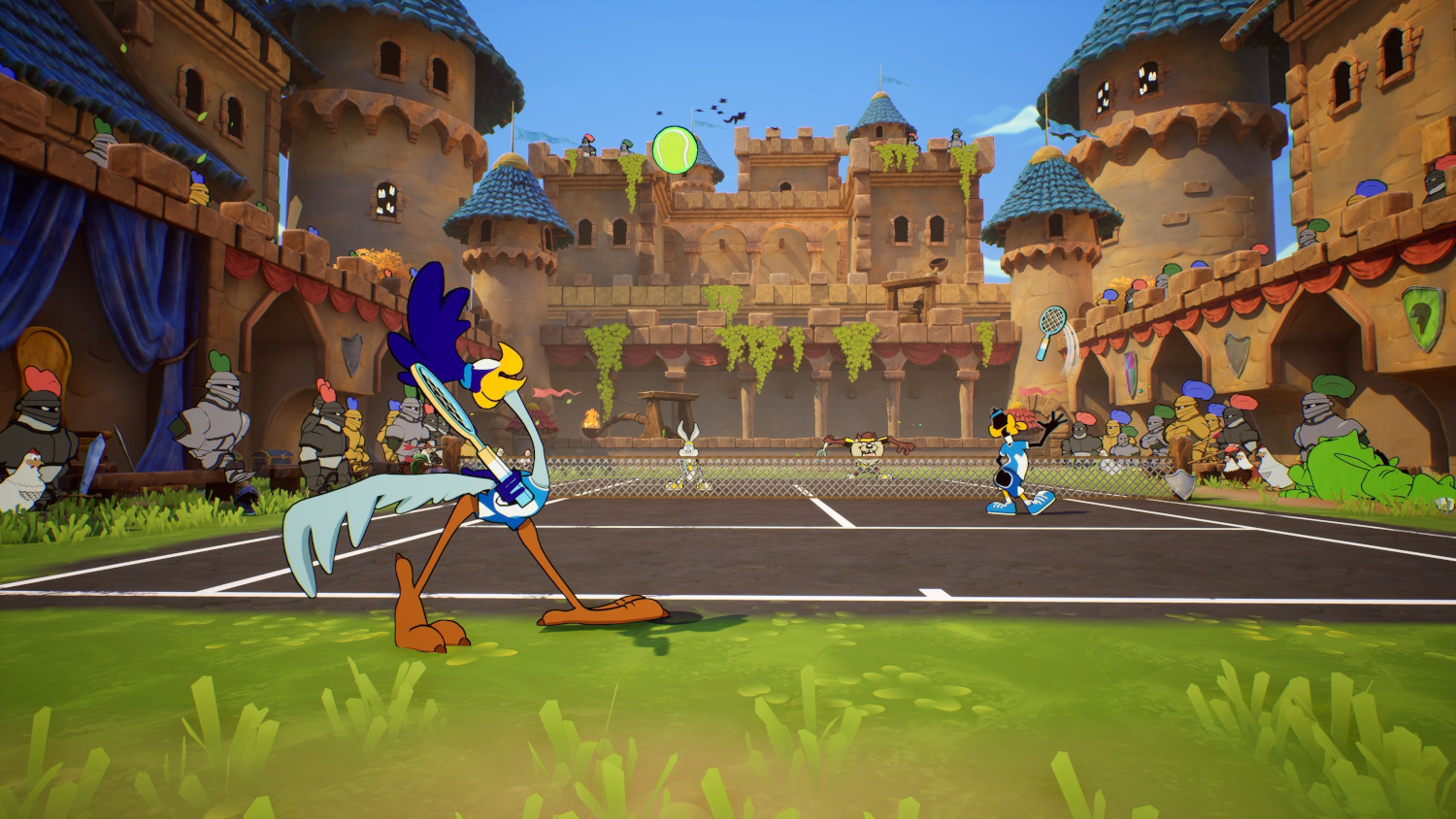 Bip Bip et Coyote jouant au tennis dans un château.