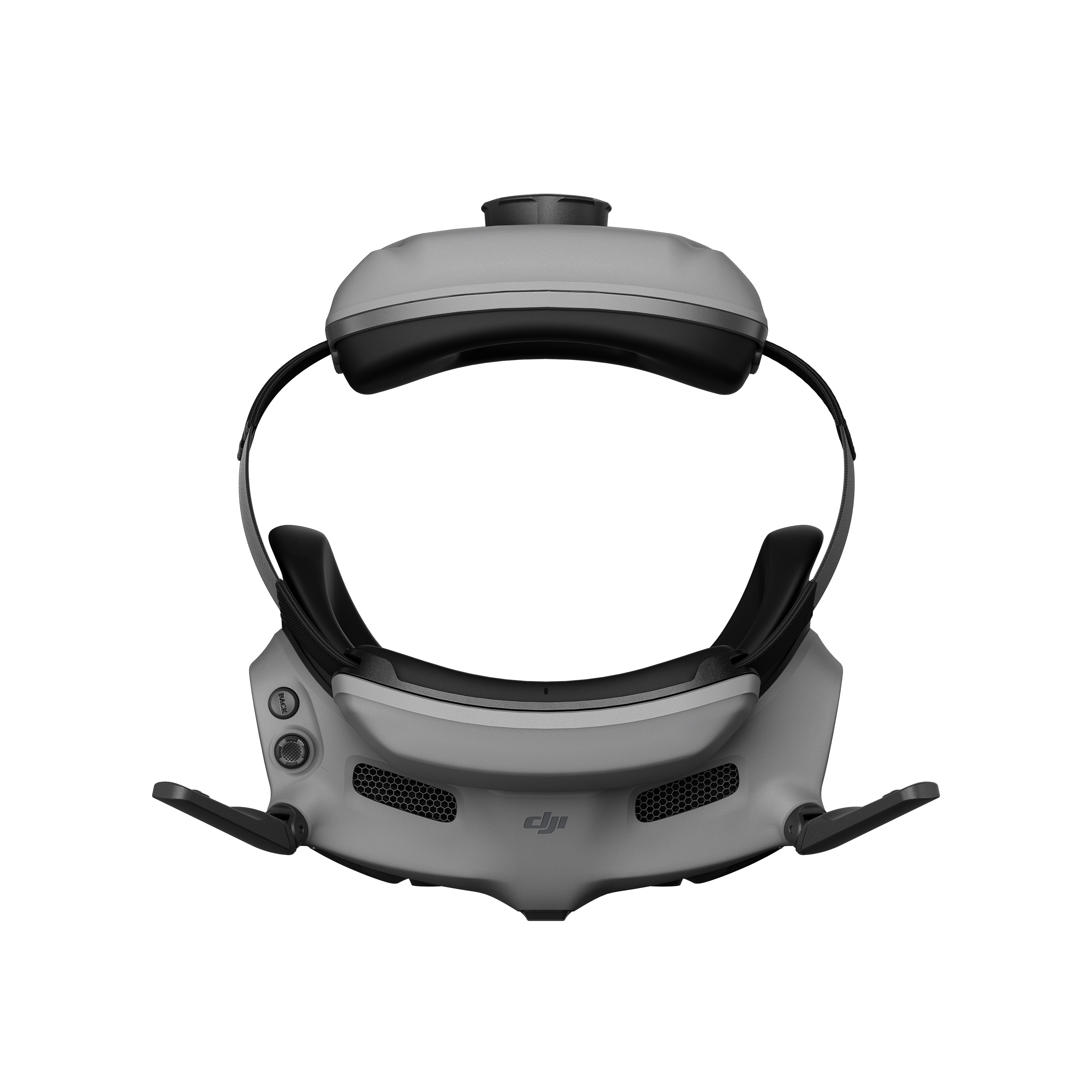 Ein graues DJI FPV-Brillen-Headset mit Frontansicht vor weißem Hintergrund.