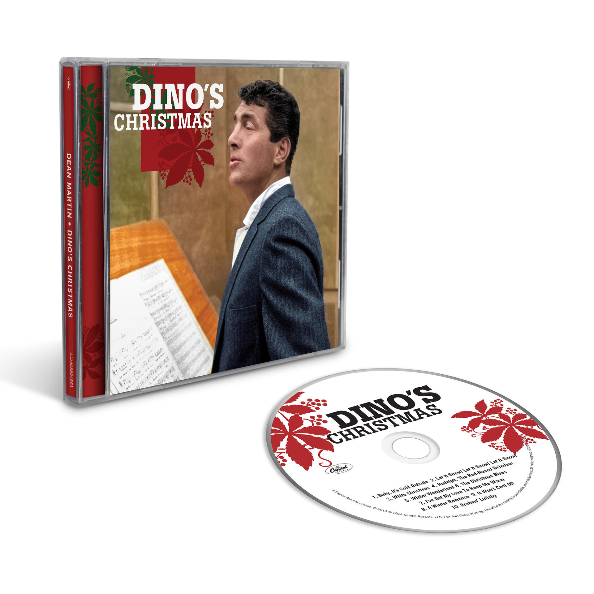 CD-Hülle und CD mit Dean Martin für "Dino's Christmas" und Liederliste.
