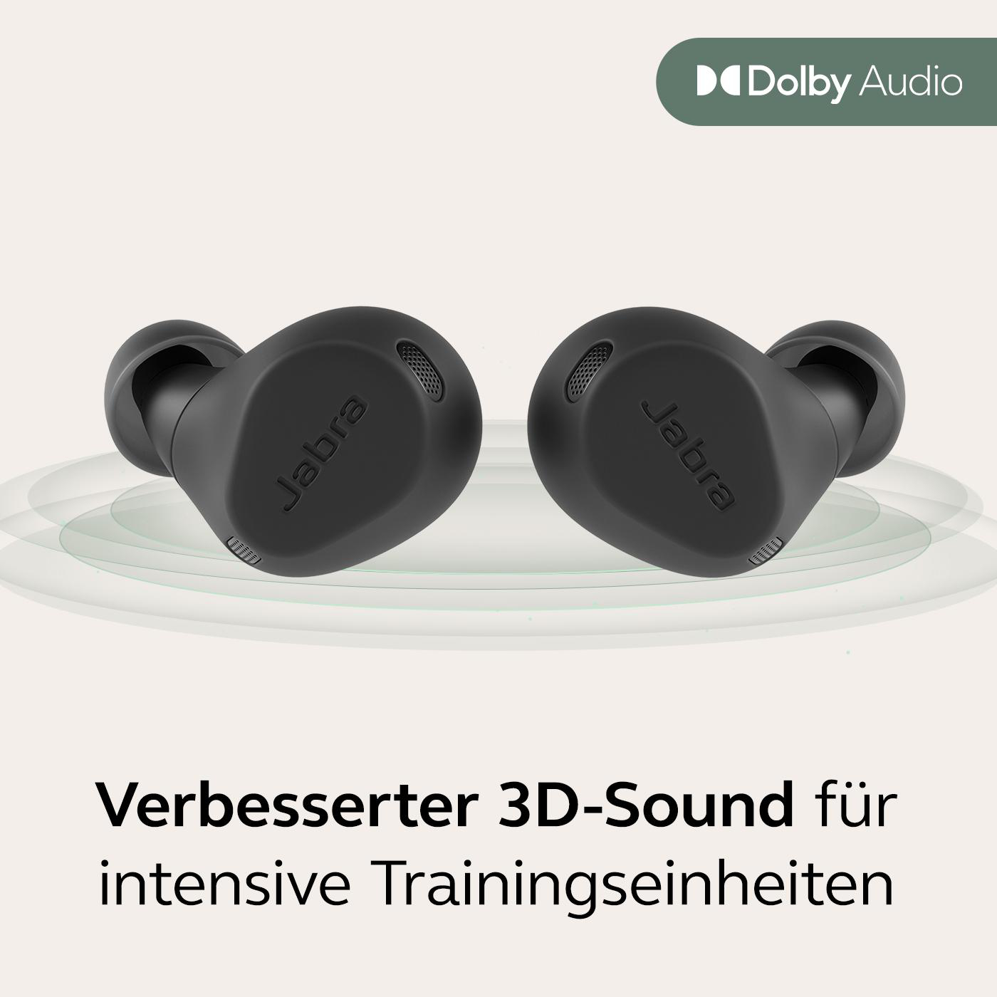 Schwarze kabellose Ohrhörer. Text: 'Verbesserter 3D-Sound für intensive Trainingseinheiten'.