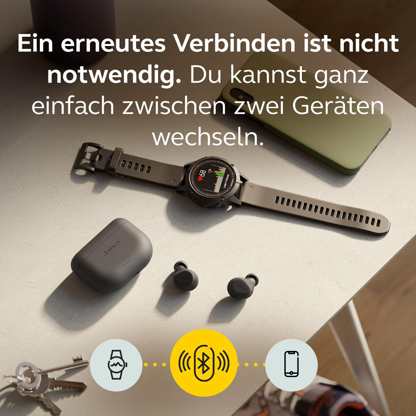 Smartwatch, Ohrhörer und Telefon auf Tisch mit Bluetooth- und Geräte-Symbolen.