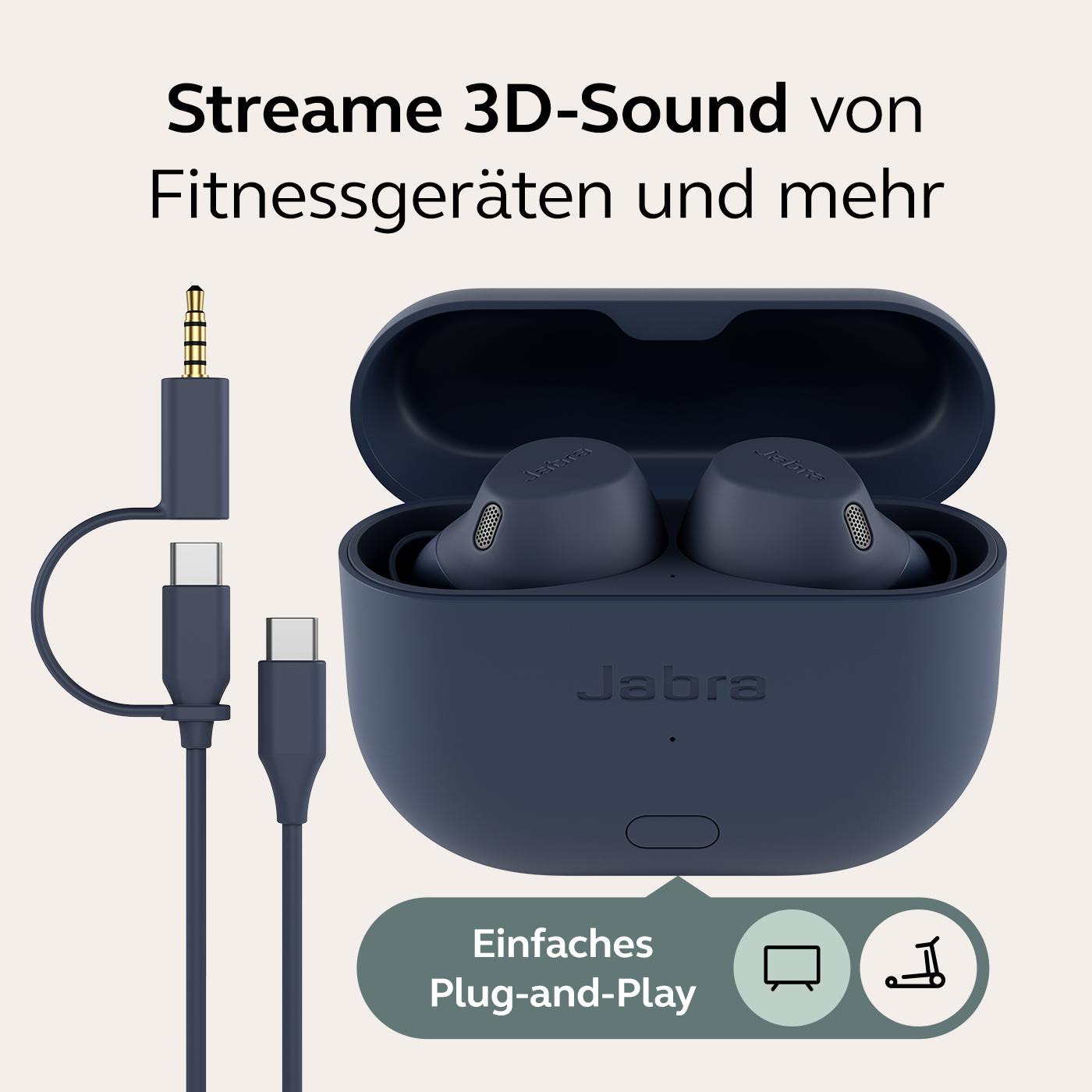 Ohrhörer und Ladeetui mit Kabeln. Text auf Deutsch: 'Stream 3D-Sound von Fitnessgeräten'.