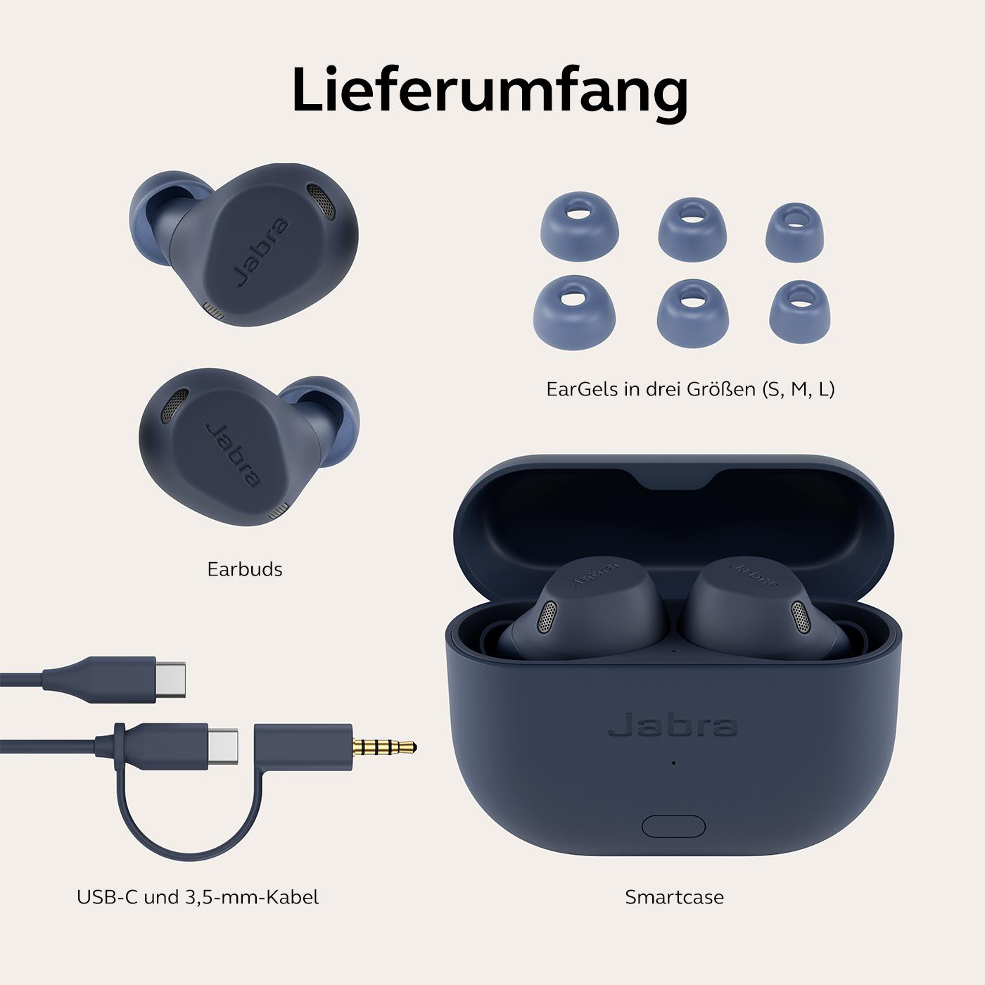 Ohrhörer, Ladecase und Zubehör: zusätzliche Ohrstöpsel und ein Ladekabel.