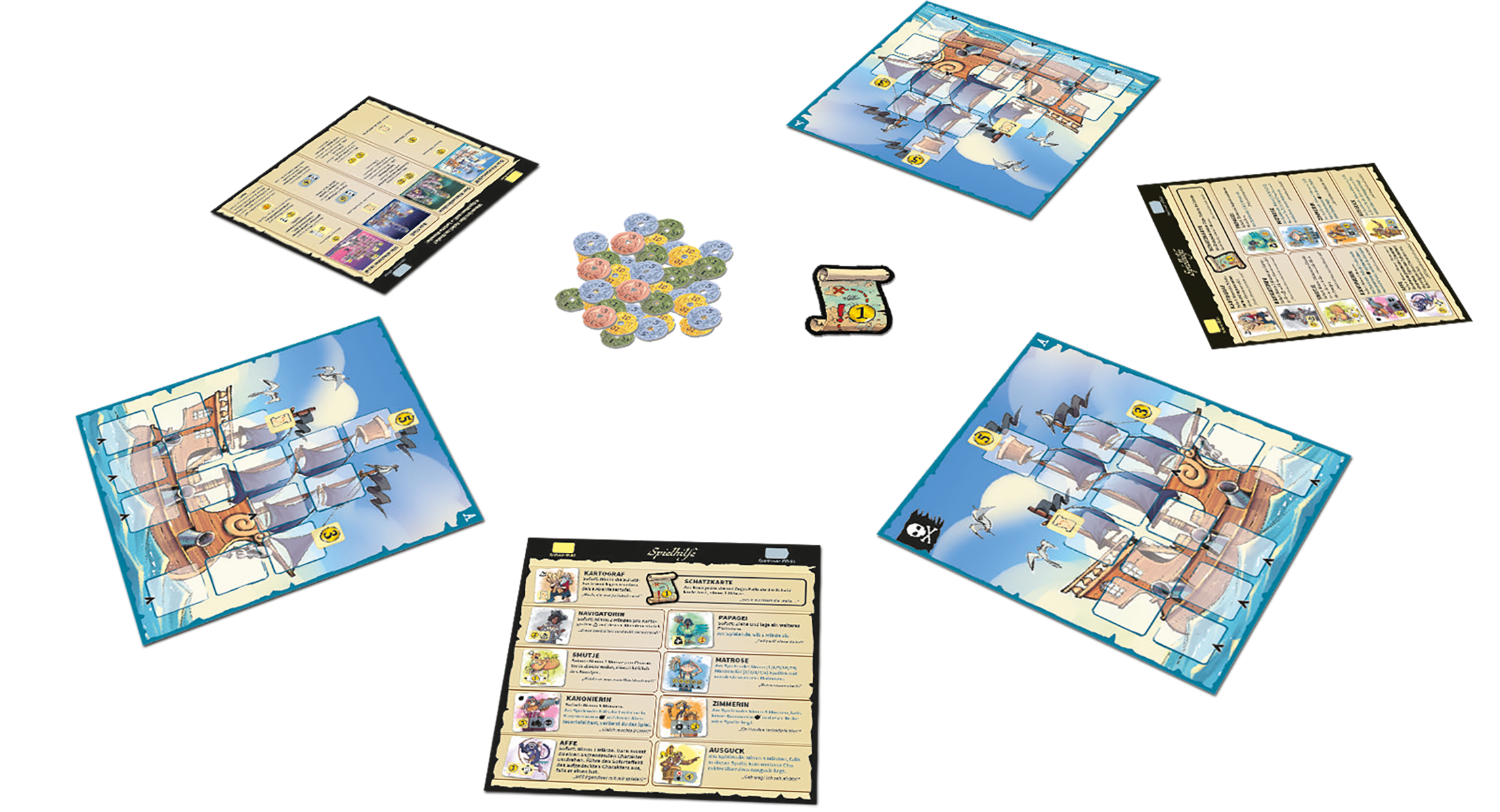 Brettspiel-Setup mit mehreren Spielbrettern und runden Spielsteinen, weißer Hintergrund.