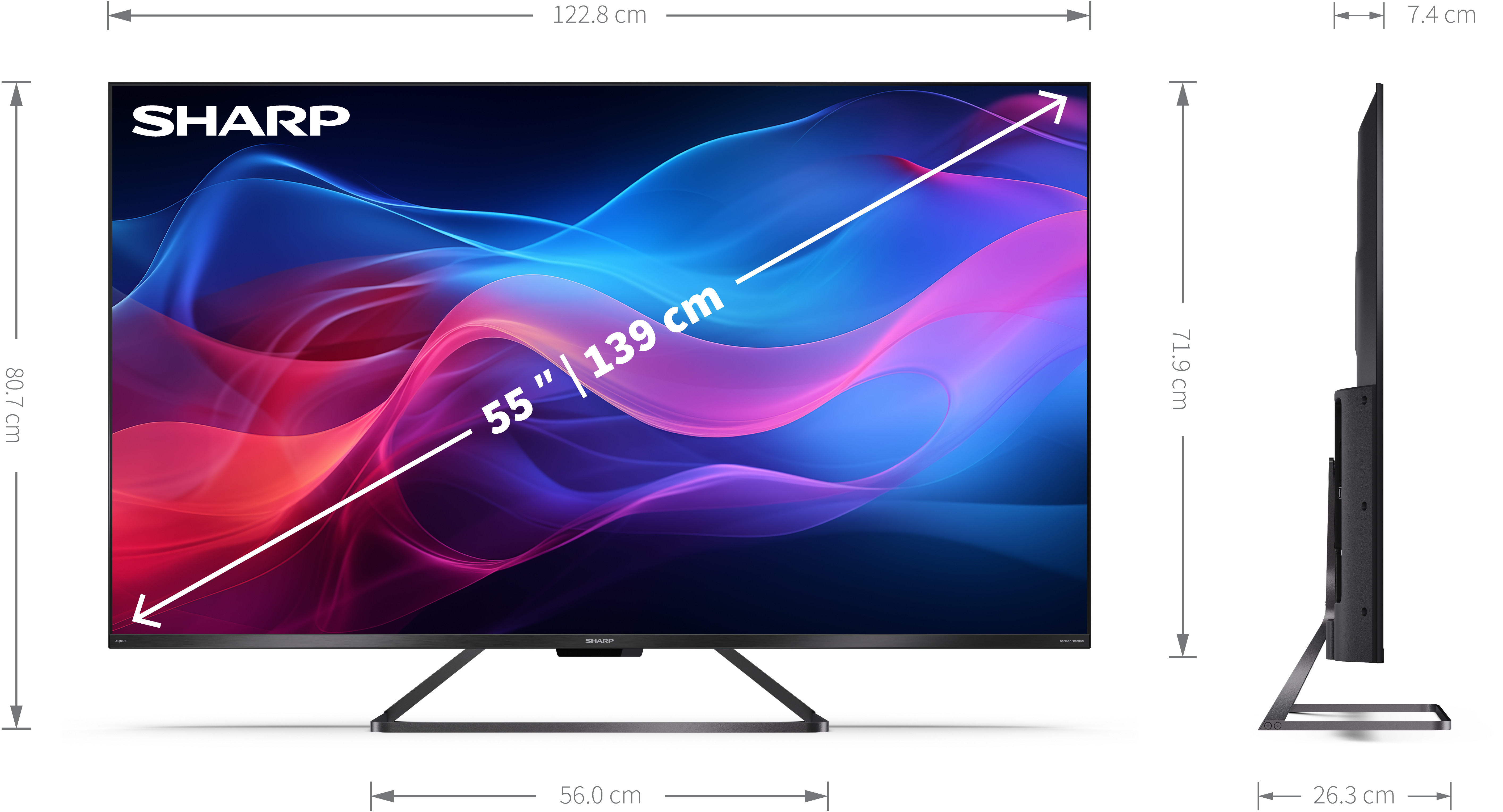 Sharp TV méretekkel. 55 hüvelykes képernyő fekete állvánnyal. Fehér szöveg.