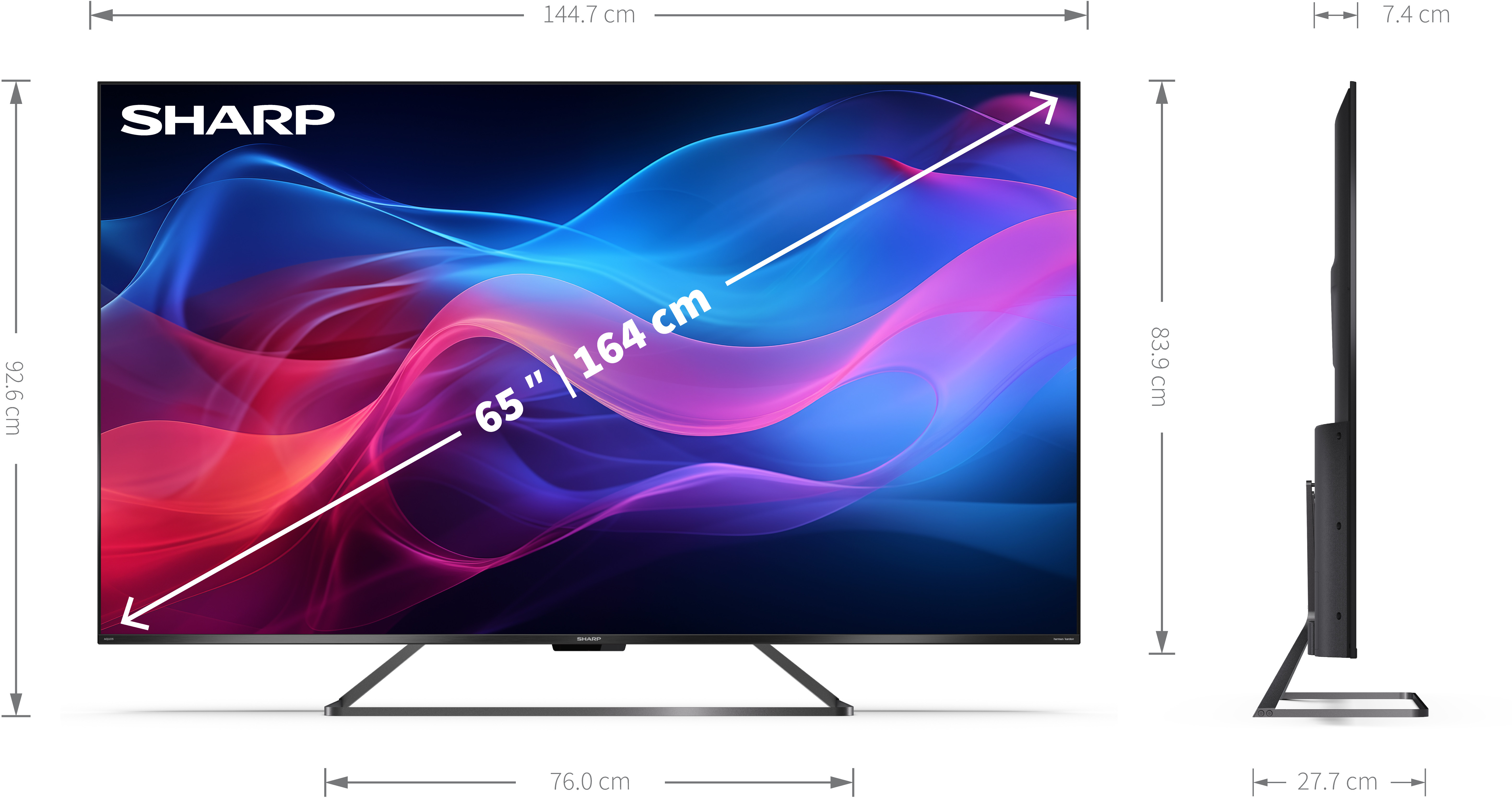 TV méretekkel és oldalsó nézettel, a méretet mutatva.