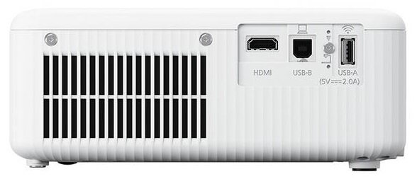 Tylny panel białego projektora z portami. Widoczne porty HDMI, USB-B i USB-A.