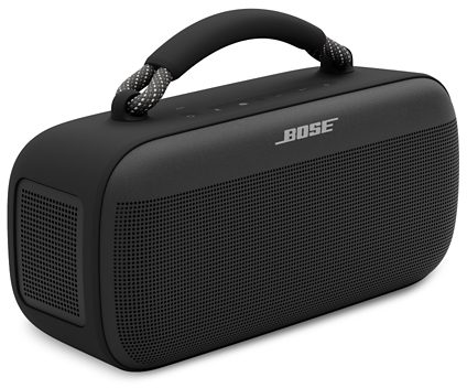 Fekete Bose hordozható hangszóró szövet ráccsal és fogantyúval. A 'BOSE' felül van nyomtatva.