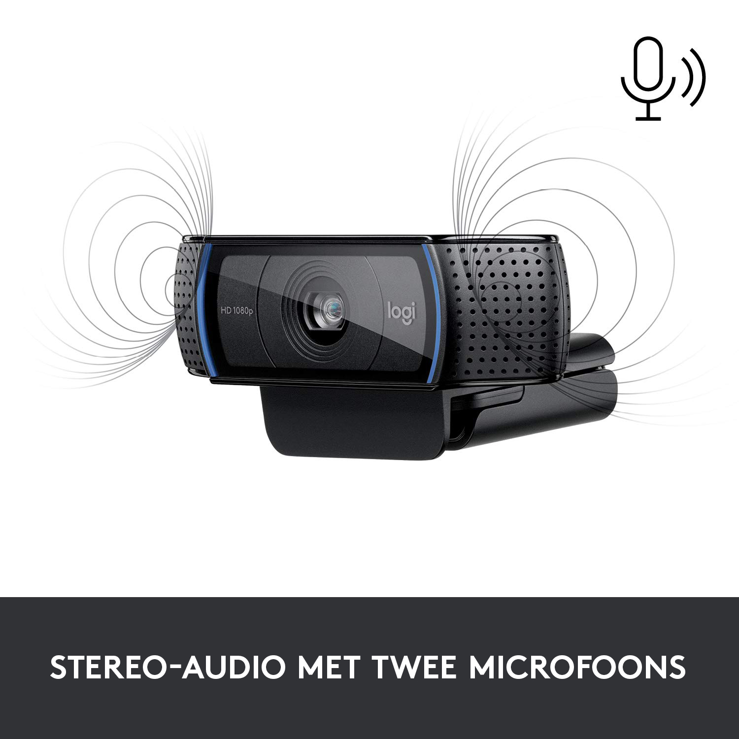 Black webcam with a blue accent and a microphone icon, with sound waves.