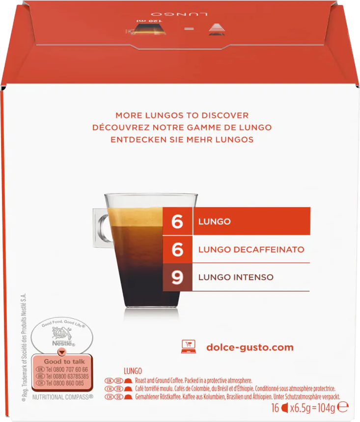 Boîte de capsules de café Dolce Gusto Lungo, vue du produit.