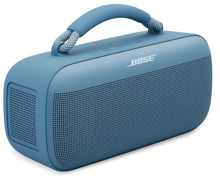 Kék BOSE hordozható hangszóró. Fogantyú a tetején, hálós hangszórórács elöl. Bose logó elöl.