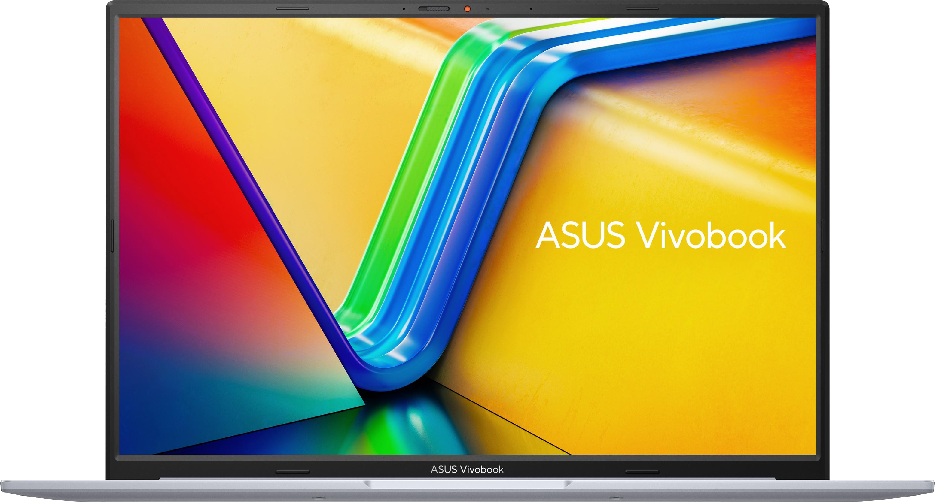 ASUS Vivobook laptop fehér háttéren, színes képernyővel.