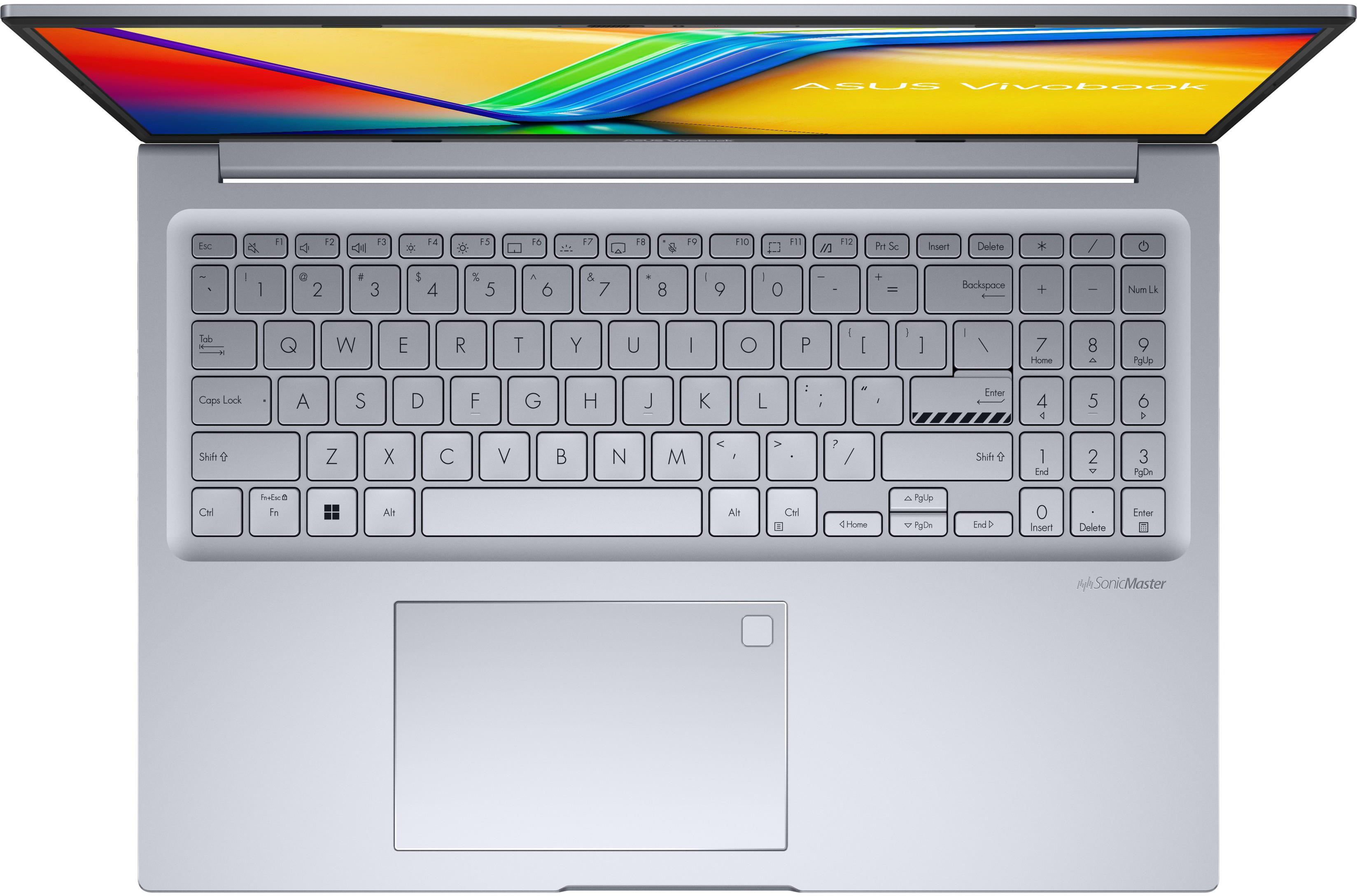 ASUS Vivobook laptop felülnézetben, nyitva, látható billentyűzettel.