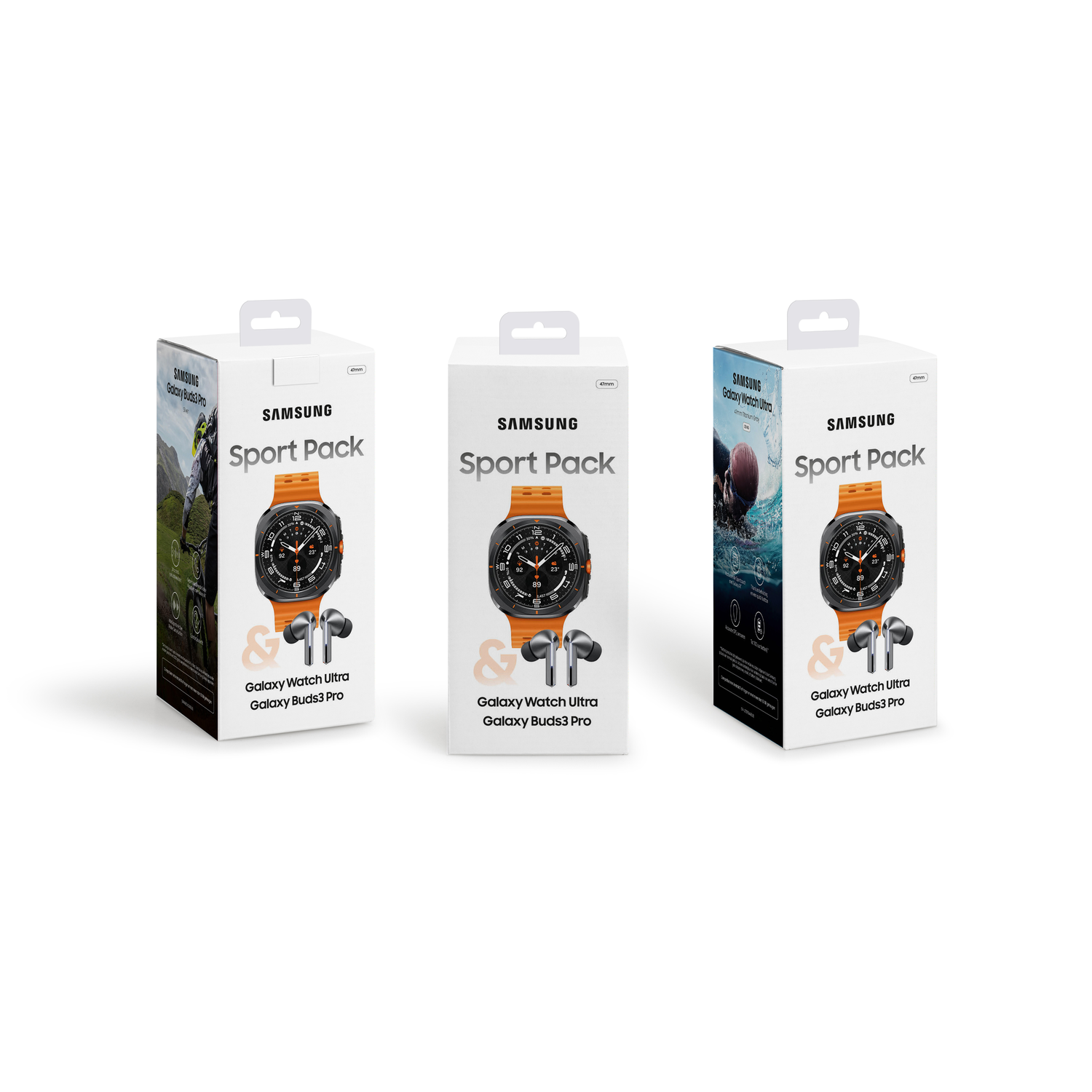 Drie Samsung Sport Pack-dozen met horloge en oortelefoons, witte achtergrond.