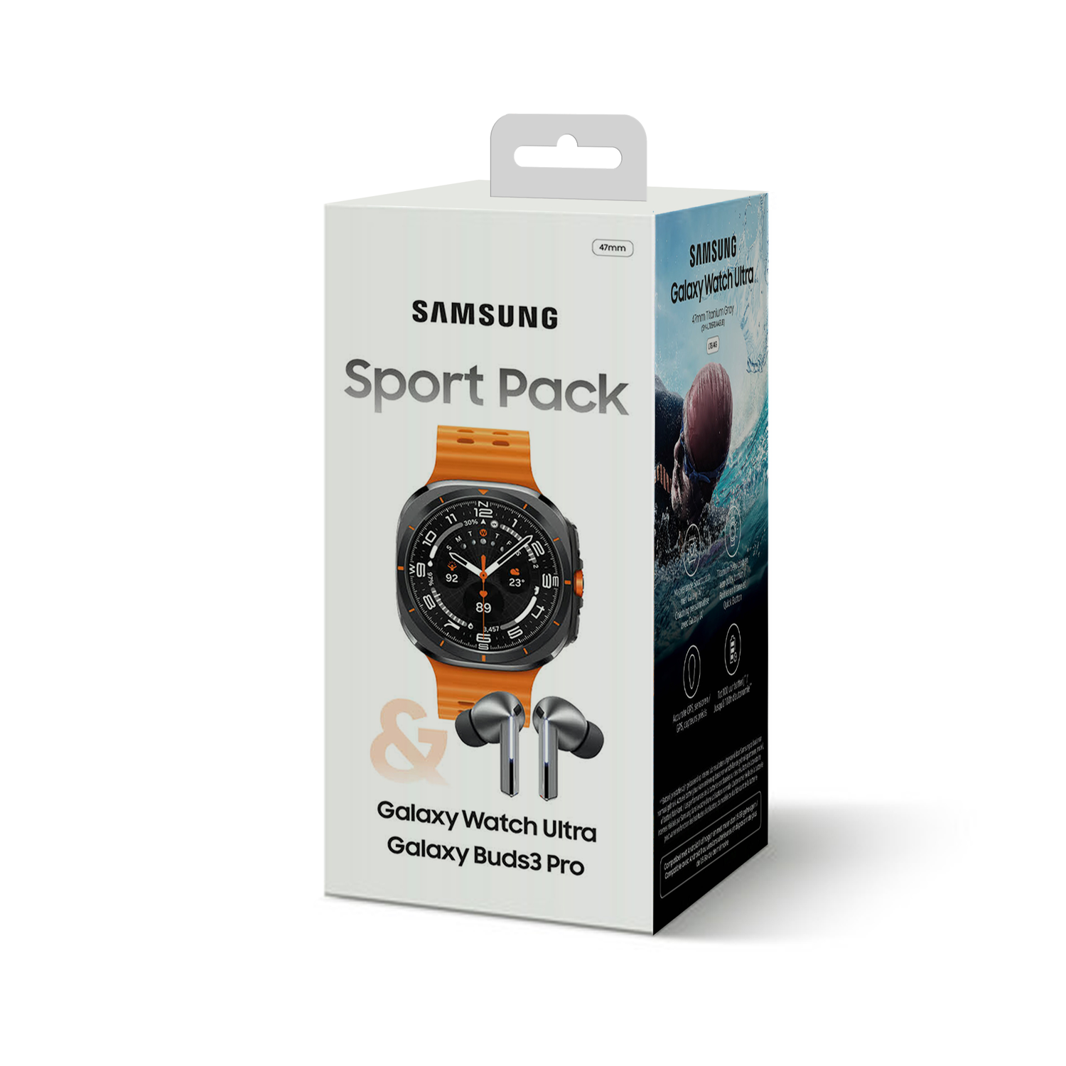 Een witte doos met een smartwatch, oordopjes en de tekst 'Sport Pack'.
