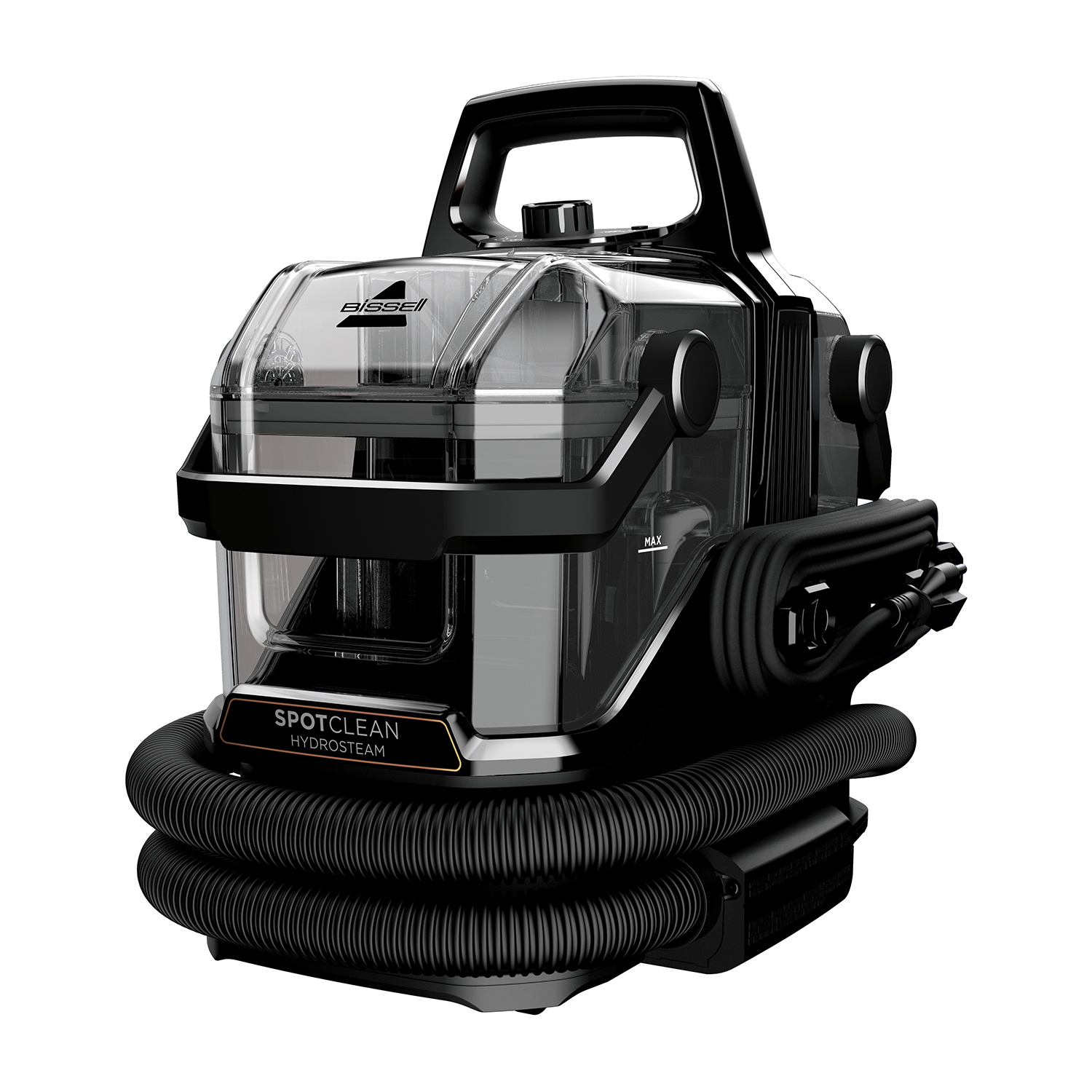 Bissell SpotClean HydroSteam, nero e trasparente, con tubo e maniglia.