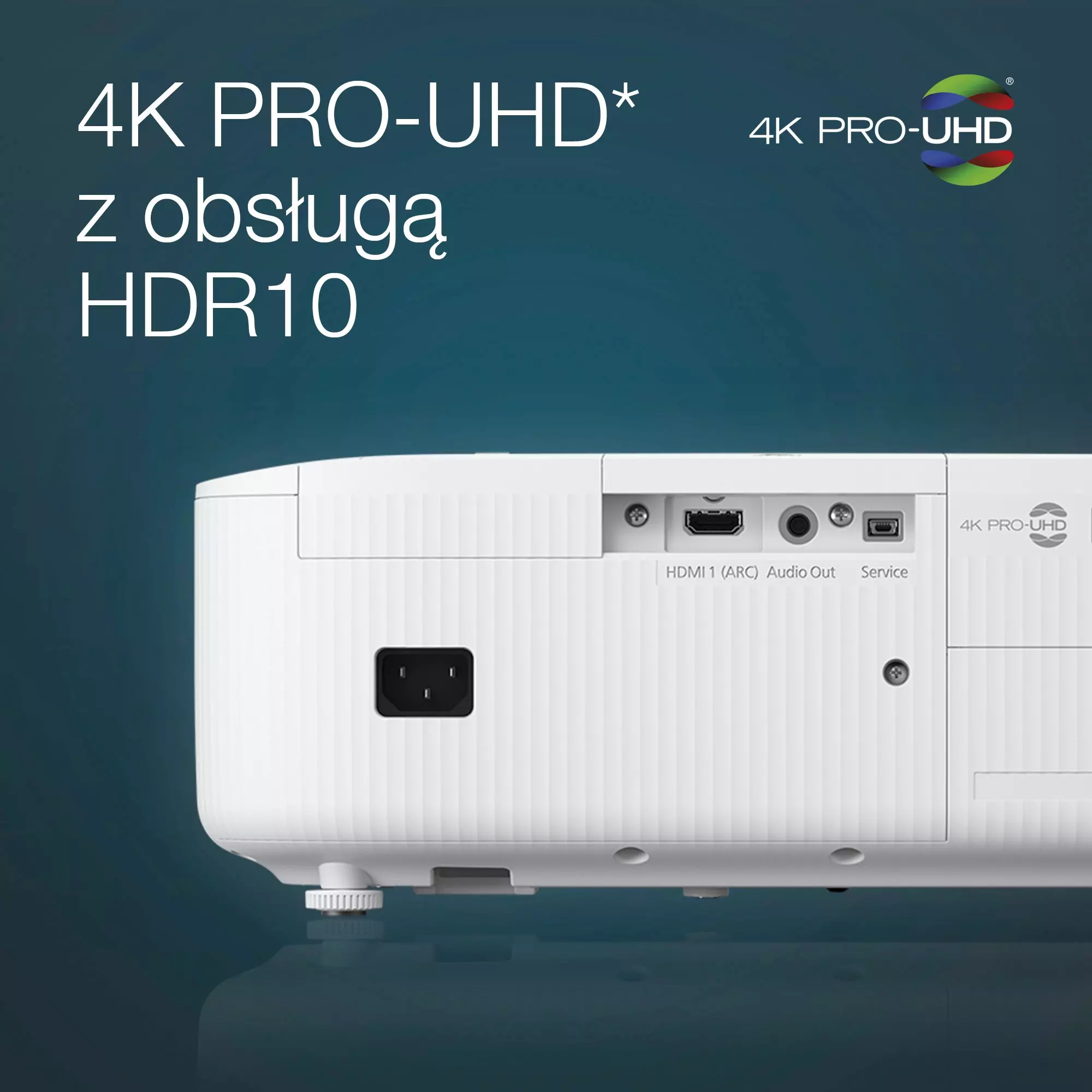 Tył białego projektora z portami, HDMI, wyjściem audio i wejściem zasilania.