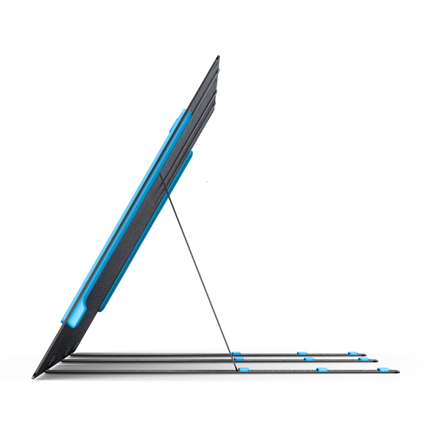 Un supporto per tablet nero e blu, puntellato, che mostra il suo profilo laterale su uno sfondo bianco.