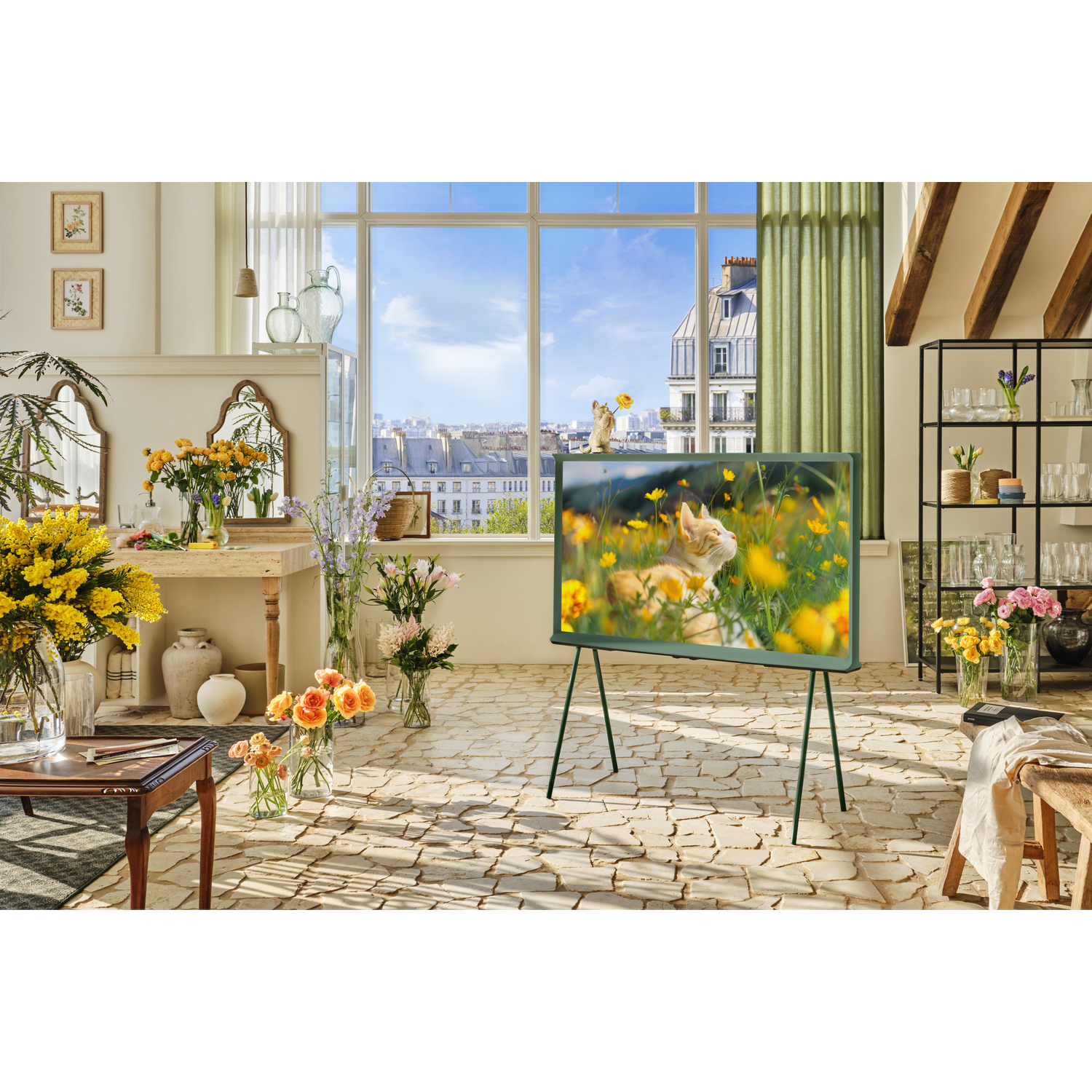 A modern living room with a TV screen showing a cat in a field of flowers.