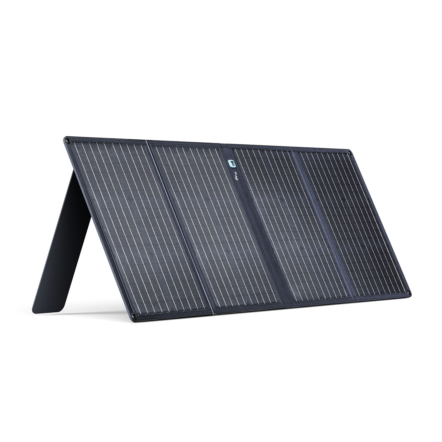 Pannello solare pieghevole, nero con linee bianche, su sfondo bianco.
