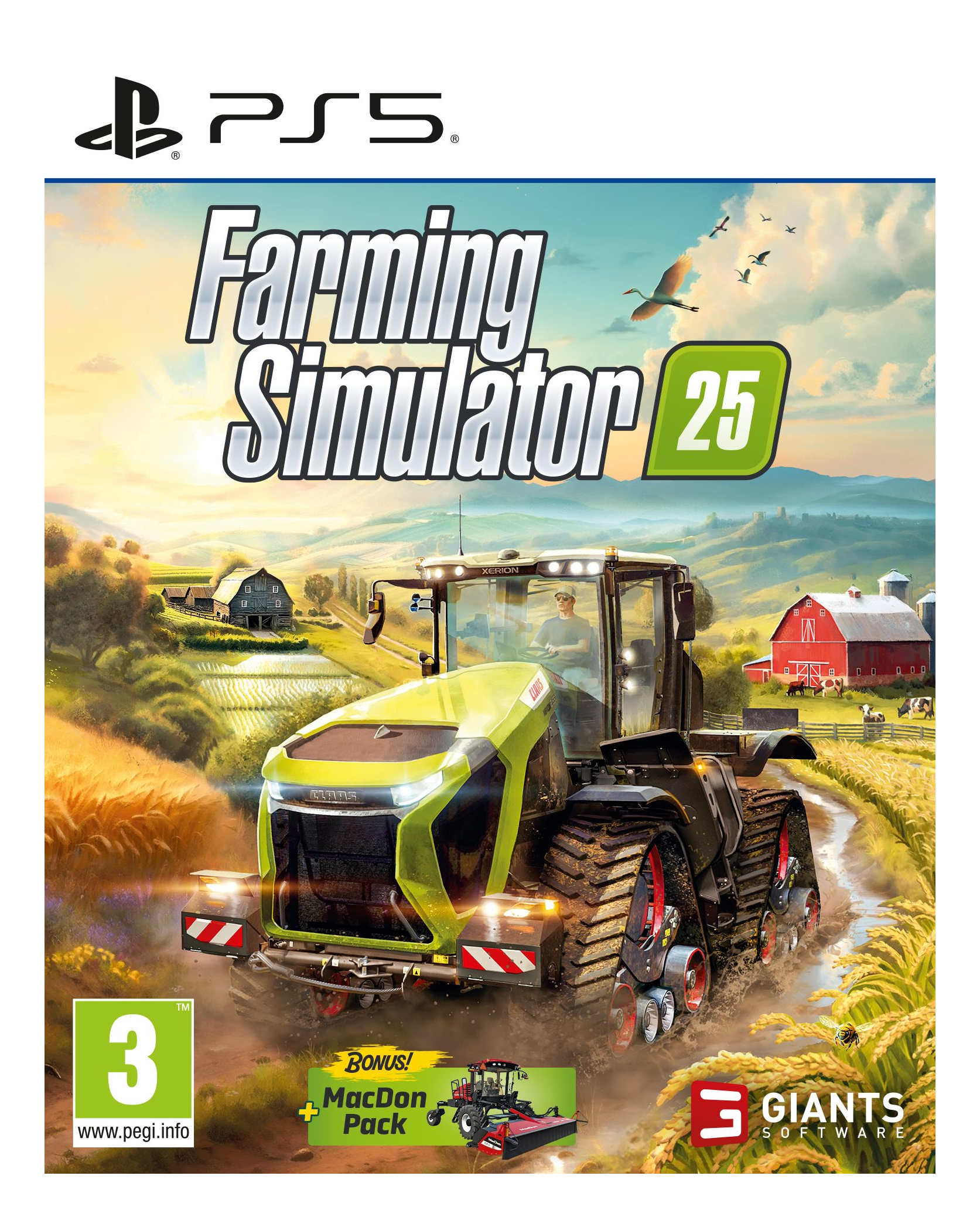 Farming Simulator 25 Spielcover, Traktor auf Feld mit Bauernhof im Hintergrund.