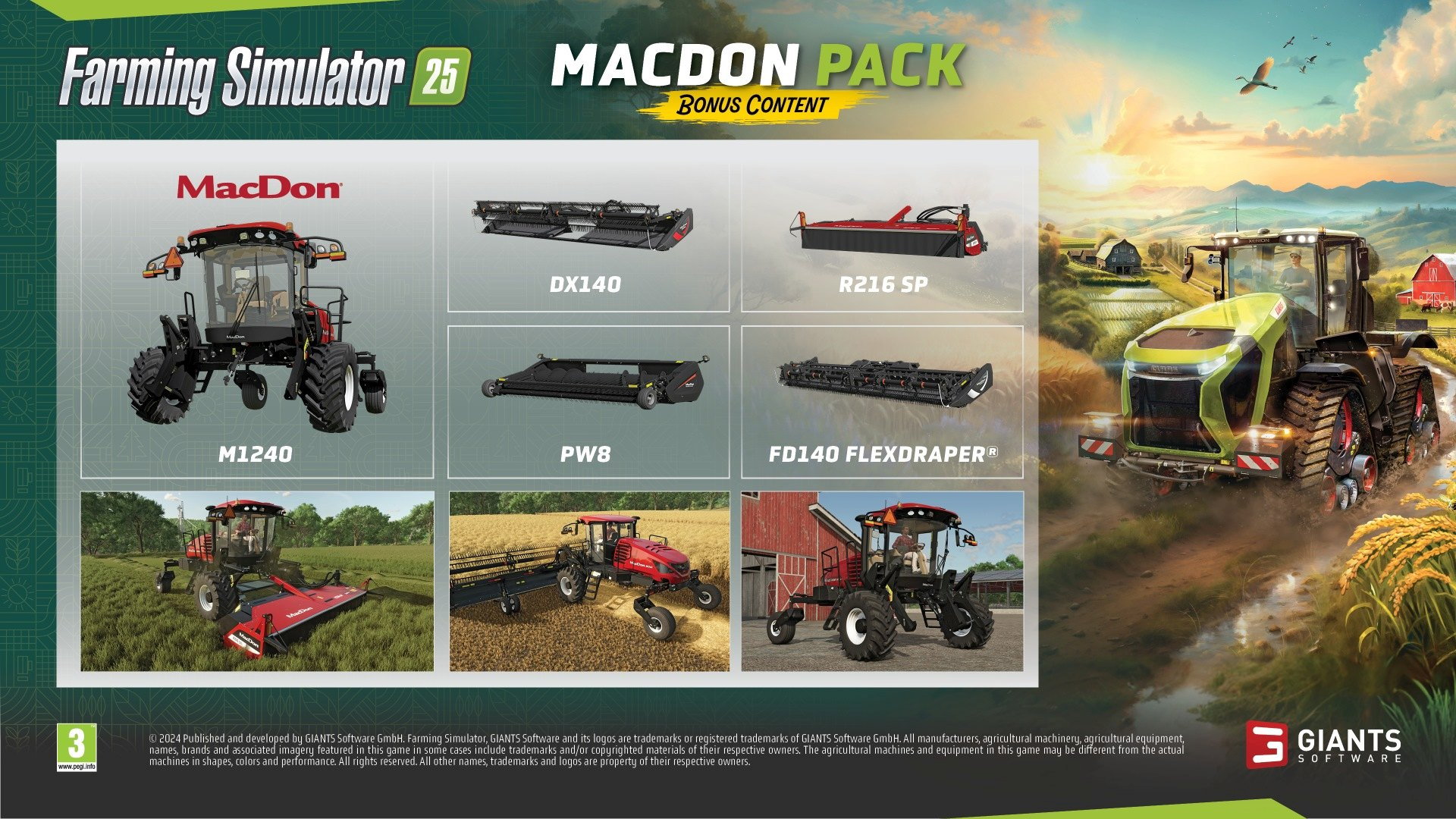 Farming Simulator 25 MacDon Pack Bild. Traktoren und landwirtschaftliche Geräte werden angezeigt.