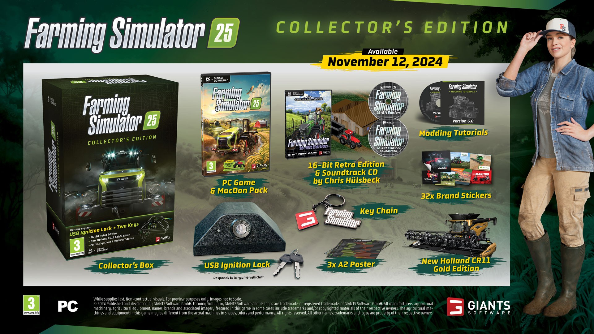 Farming Simulator 25 Collector's Edition Box mit Spiel, Schlüsselanhänger und Zubehör.