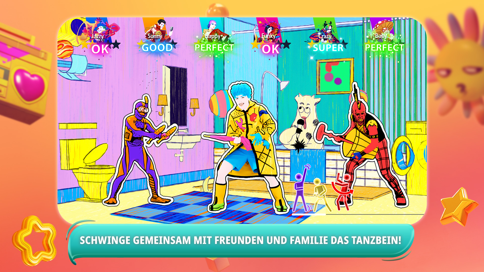 Ein farbenfroher Spielbildschirm mit tanzenden Figuren und Textfeldern, mit einer Cartoon-Sonne im Hintergrund.