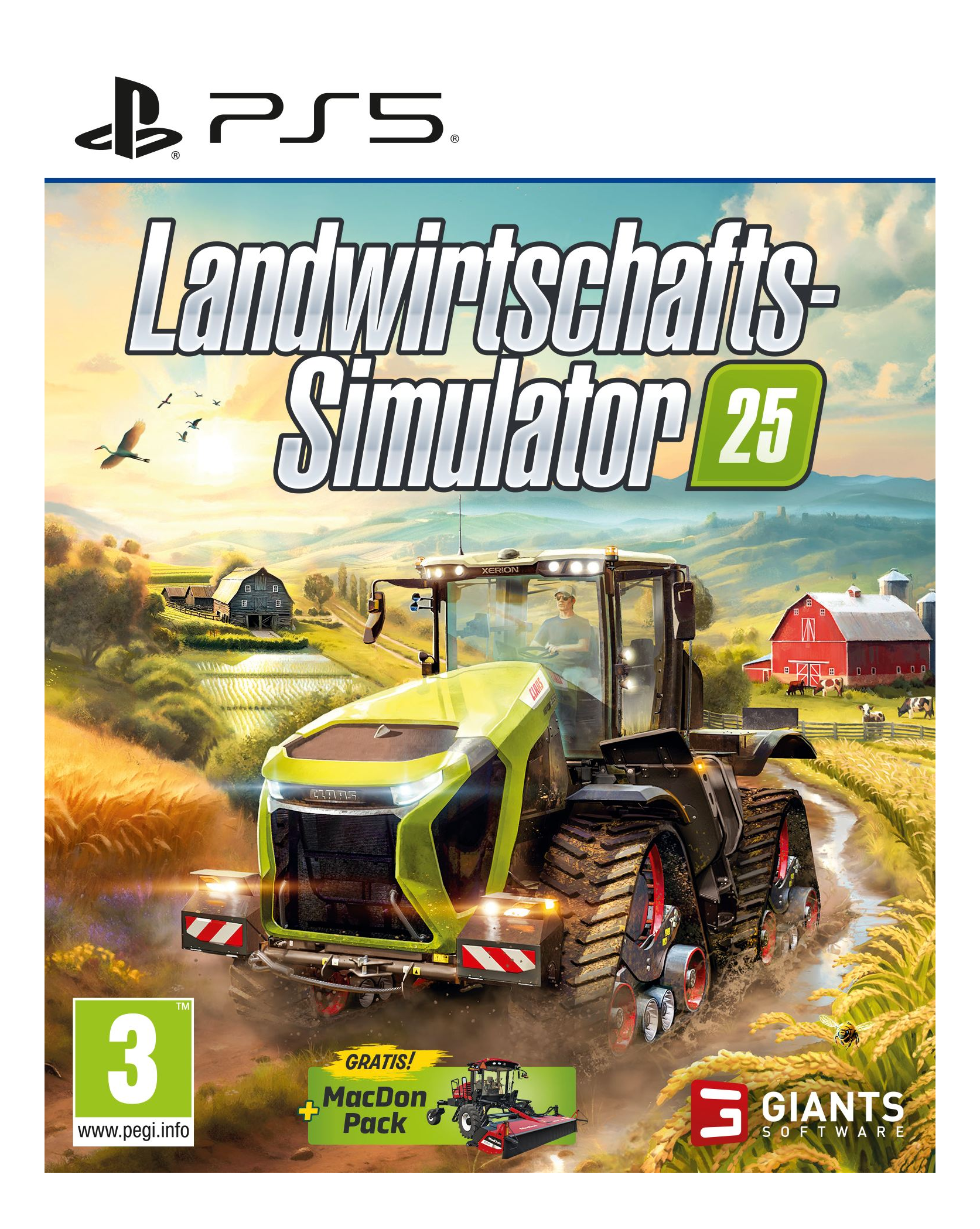 Landwirtschafts-Simulator 25 Spielcover mit einem Traktor auf einem Feld und PS5-Logo.