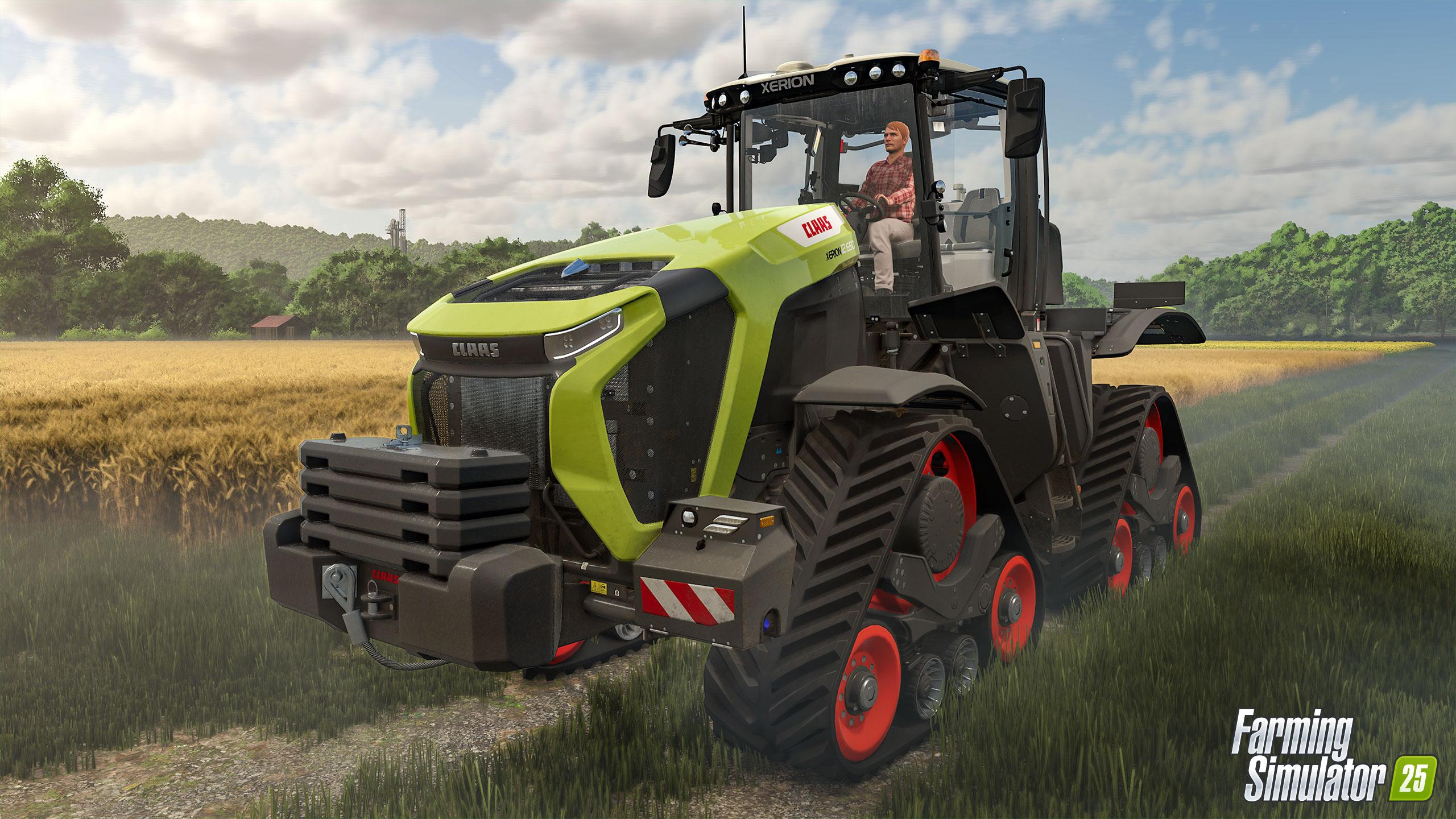 Un tracteur CLAAS XERION conduisant dans un champ. Un homme conduit. Le ciel est nuageux. Le fond est le champ.