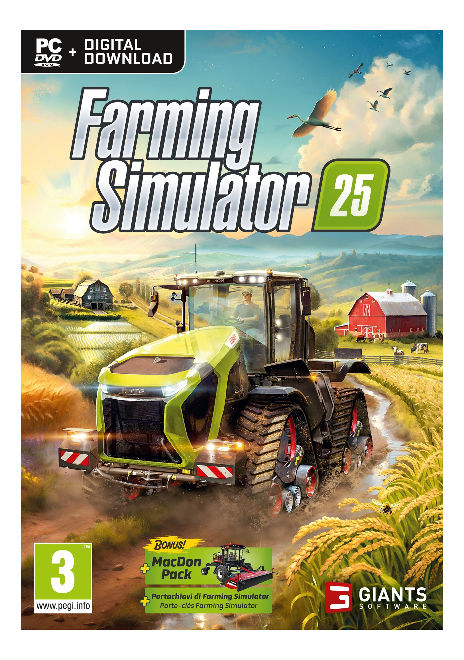 Farming Simulator 25 Spielbox, mit einem Traktor auf einem Feld.