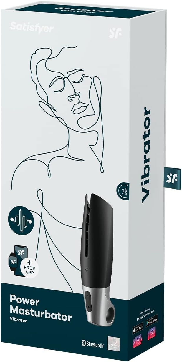 Caja para Satisfyer Power Masturbator, con un dibujo lineal de un rostro.