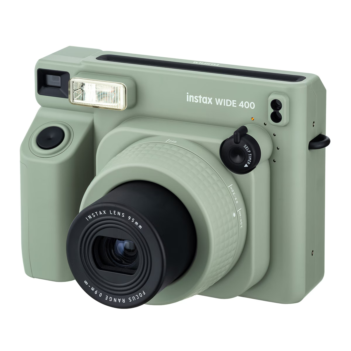 Una cámara Instax Wide 400, verde salvia, con lente negra y flash.
