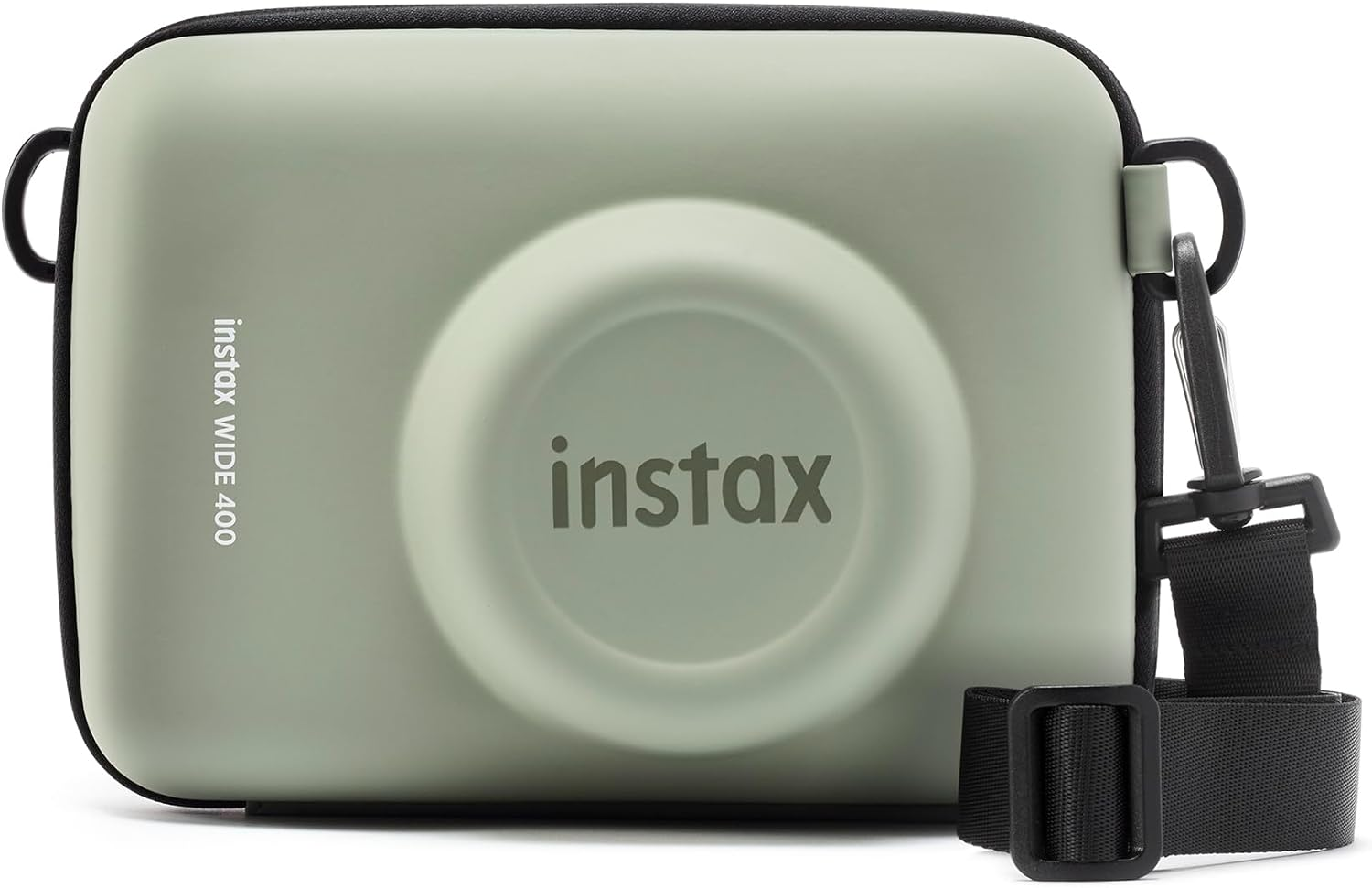 Funda verde para cámara con correa negra, texto instax wide 400.
