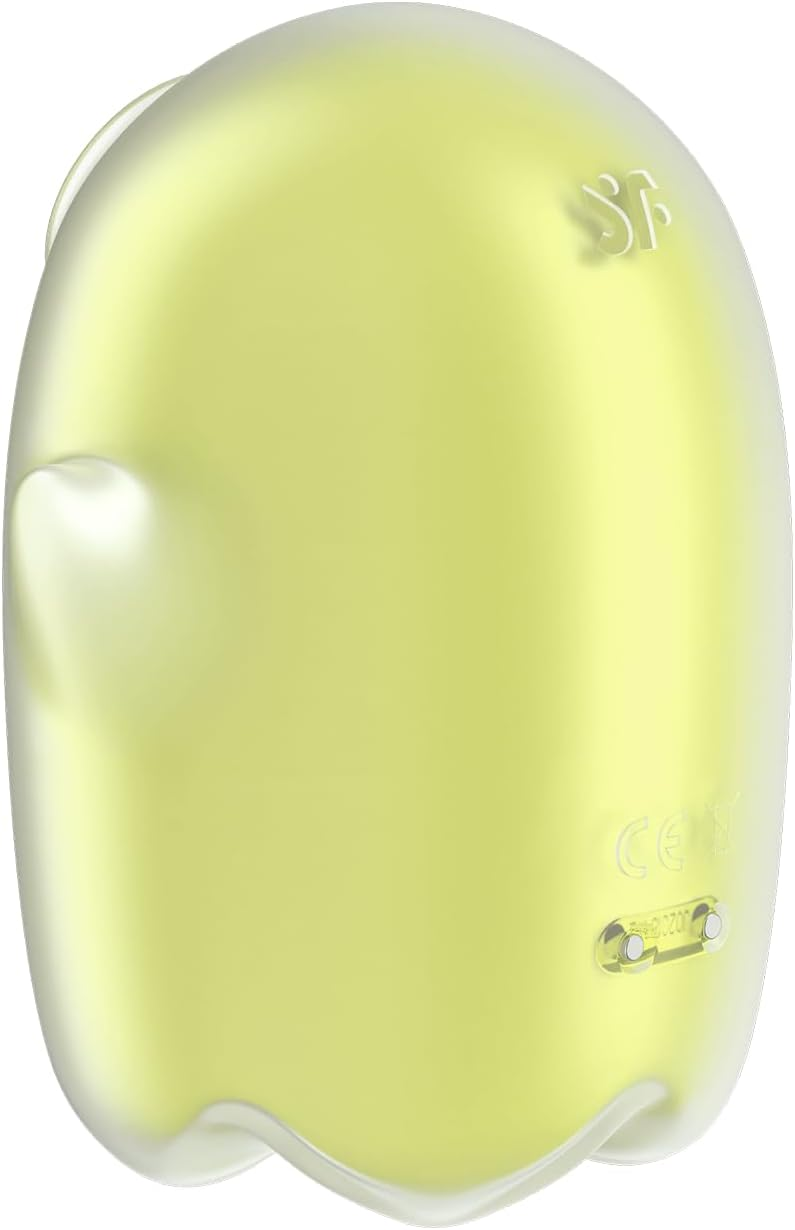 Dispositivo amarillo en forma de fantasma con botones.