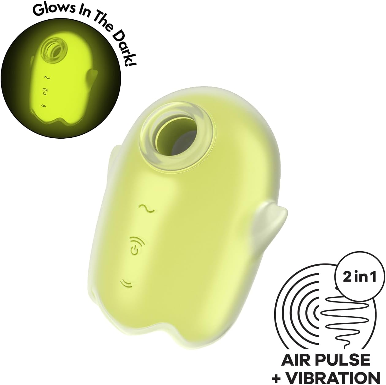 Juguete sexual amarillo en forma de fantasma que brilla en la oscuridad. Con pulso de aire y vibración.